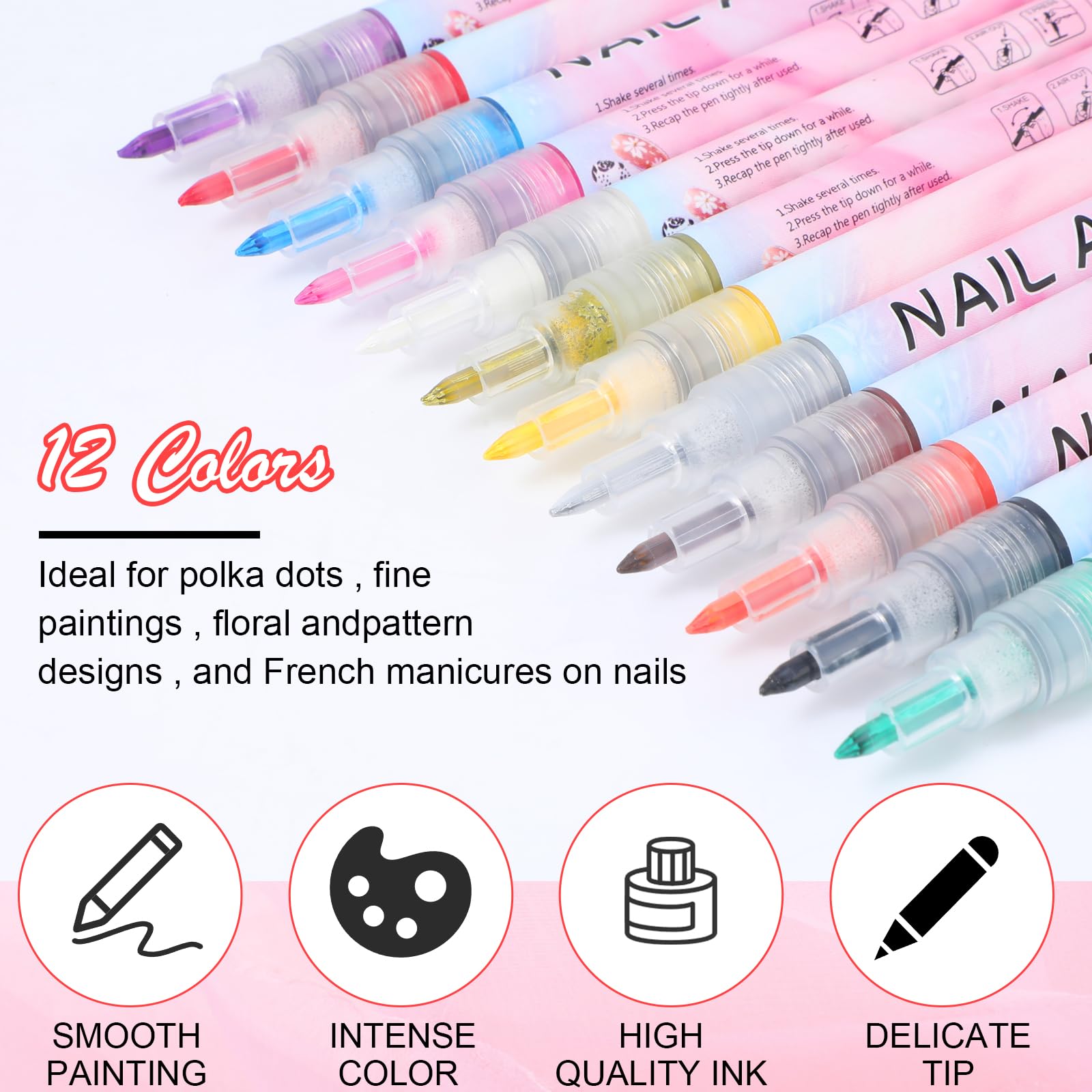 12 Colors Nail Art Drawing Pen Set - Waterproof, Quick Dry Nail Polish Pens for DIY Abstract Lines & Detail Designs (0.7mm Plastic Nib) - Perfect for Manicures, Nail Art, Salon Use & Home Beauty Care