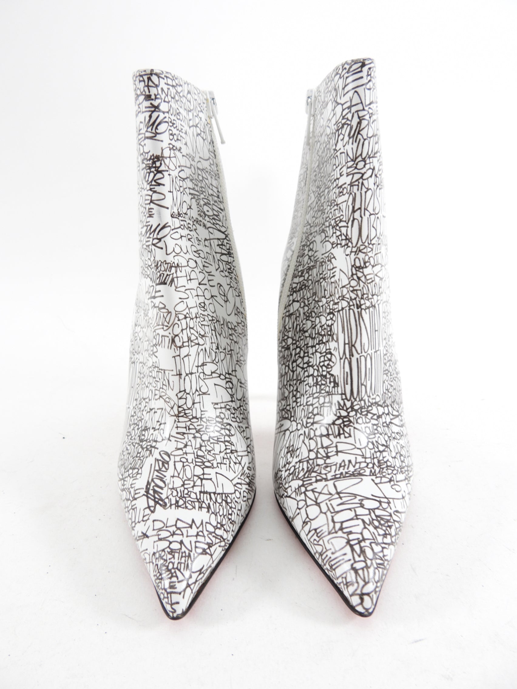 Christian Louboutin Graffiti Scribble White Leather So Kate Ankle Boots Women's Size 37 | Luxury High Heel Booties for Night Out & Party Wear