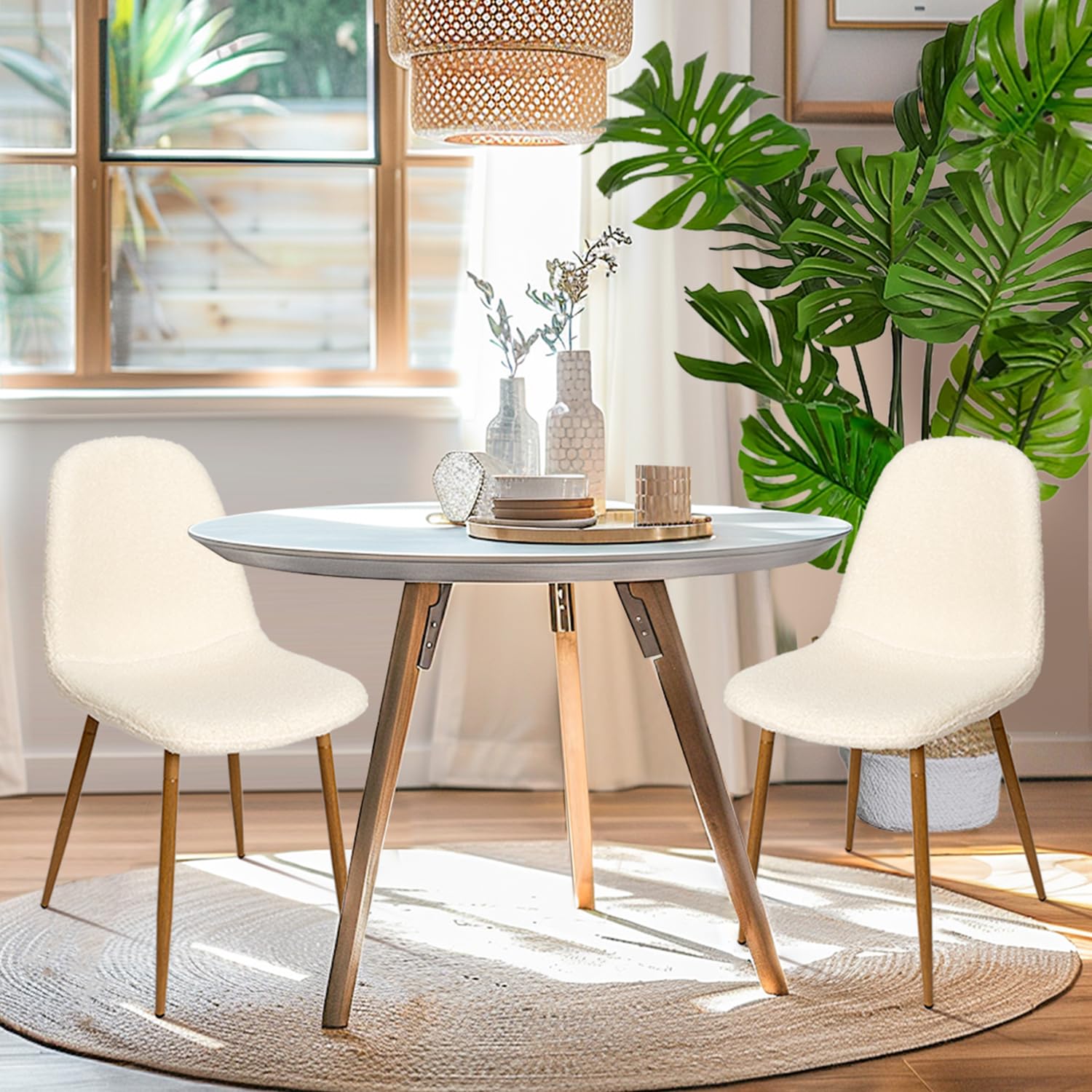 Modern Upholstered Fabric Armless Dining Chairs Set of 2 - Cream White Kitchen Side Chairs with Faux Wood-Grain Metal Legs for Living Room, Restaurant & Home Decor | Comfortable Seating for Family Meals, Coffee Shops and Small Spaces