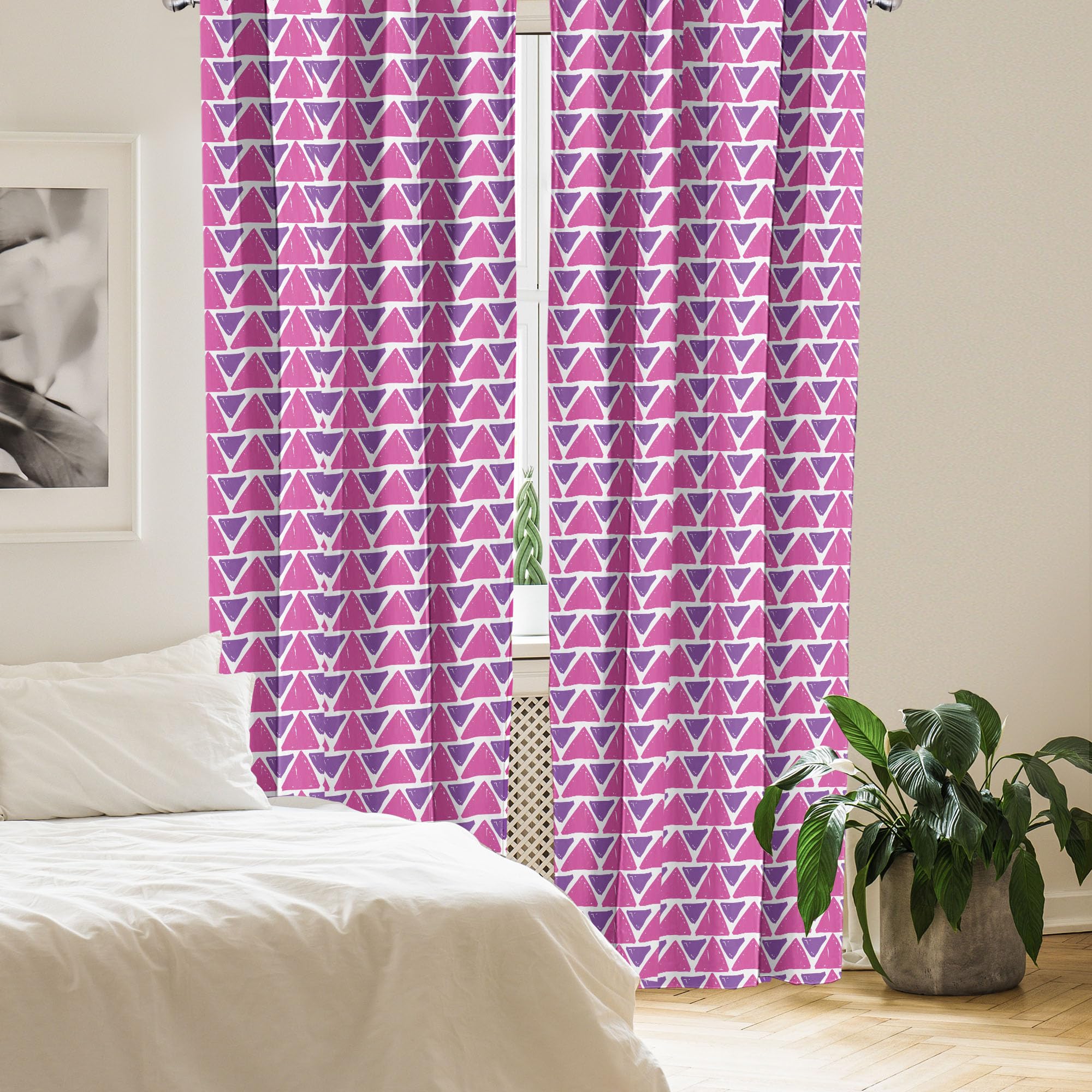 Ambesonne Geometric Window Curtains - Hand Drawn Abstract Triangle Pattern with Brush Strokes, Lightweight Purple & Pink Striped Curtains for Living Room & Bedroom - 2 Panel Set with Rod Pocket (28