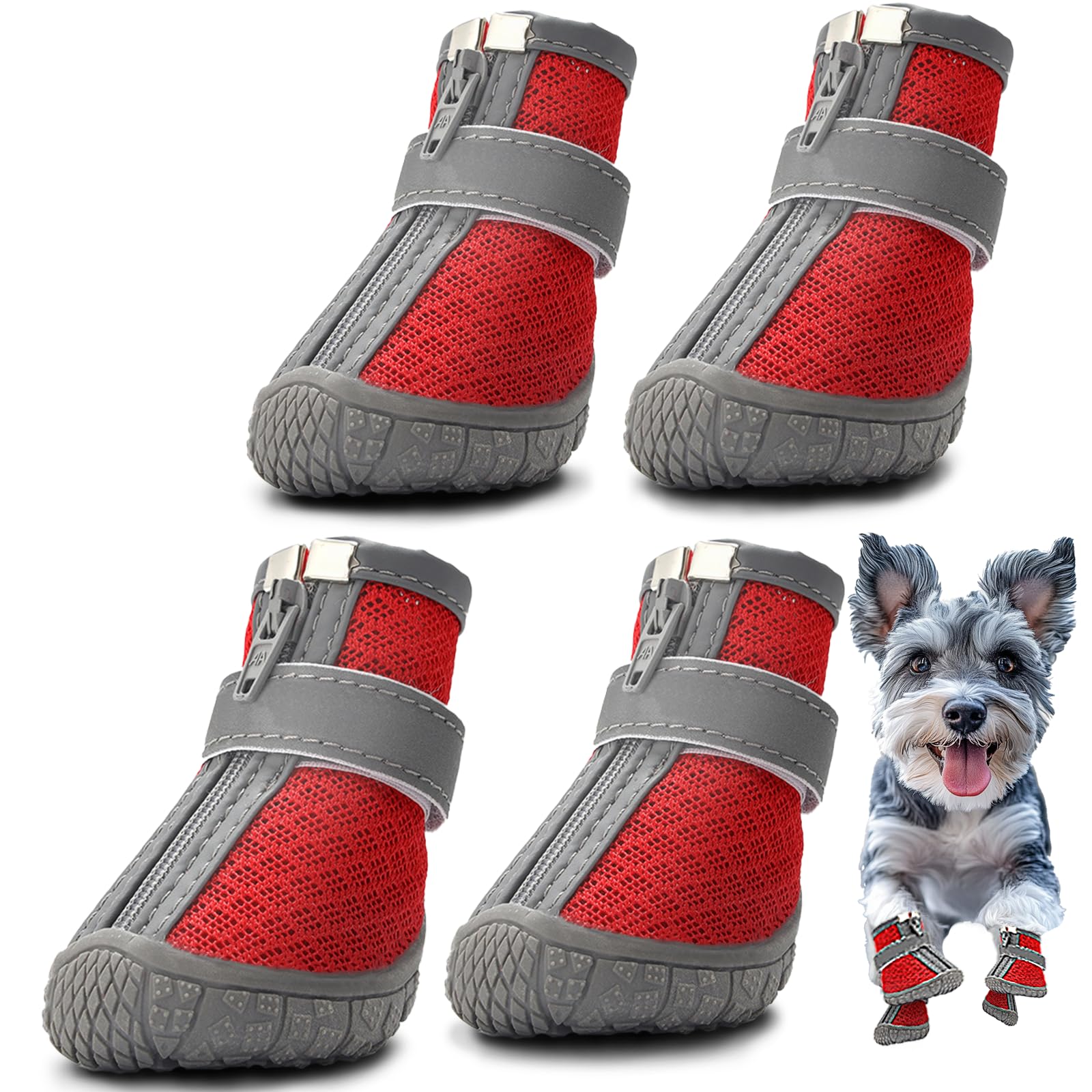 HCPET Breathable Dog Boots for Small Dogs - Paw Protectors for Hot Pavement, Winter Snow & Hiking - Anti-Slip Dog Shoes for Hardwood Floors (Red, Size 5) - Perfect for Outdoor Adventures & Indoor Safety