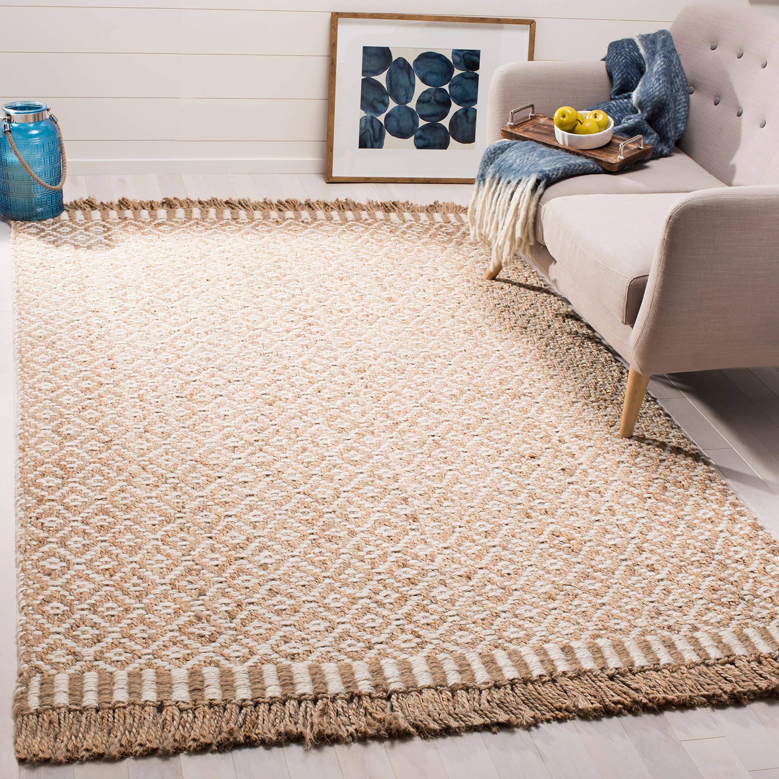 SAFAVIEH Handmade Boho Jute Area Rug 9' x 9' Square - Natural & Ivory Farmhouse Style with Fringe | Eco-Friendly Natural Fiber for High Traffic Living Room, Bedroom, Dining Room | Durable & Stylish Floor Decor (NF182A)