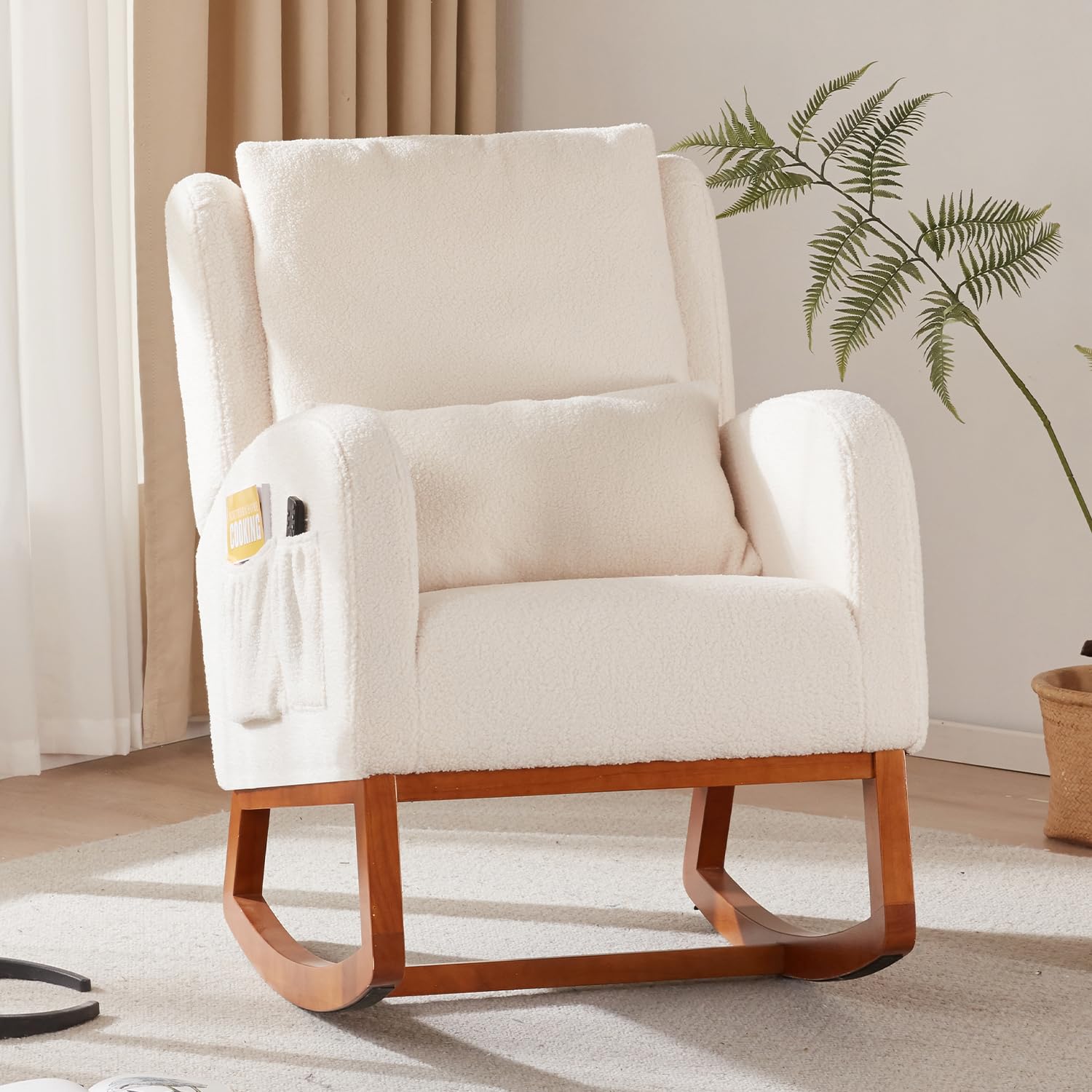 iRoomy Modern Accent Rocking Chair - Upholstered Glider Rocker with High Back & Side Pockets - Comfortable Nursery Rocking Chair for Living Room, Bedroom & Nursery (White Teddy) - Perfect for Nursing, Reading & Relaxing