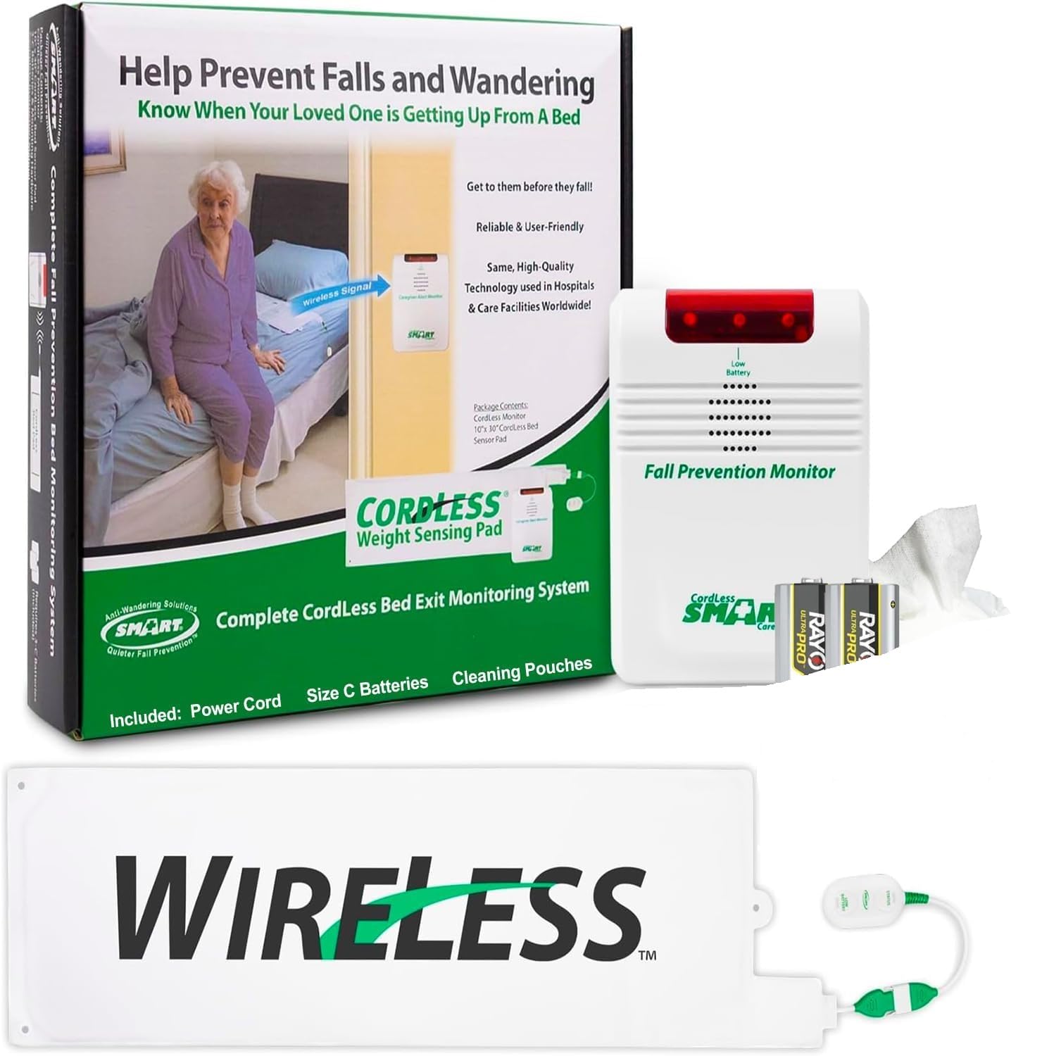 Smart Caregiver Wireless Bed Alarm System - Cordless Weight Sensing Bed Pad (10” x 30”) with Remote Alert Monitor for Elderly & Patient Safety | Includes Free Cleaning Wipes & 7-Day Pill Organizer | Ideal for Home Care, Nursing Homes, and Hospitals