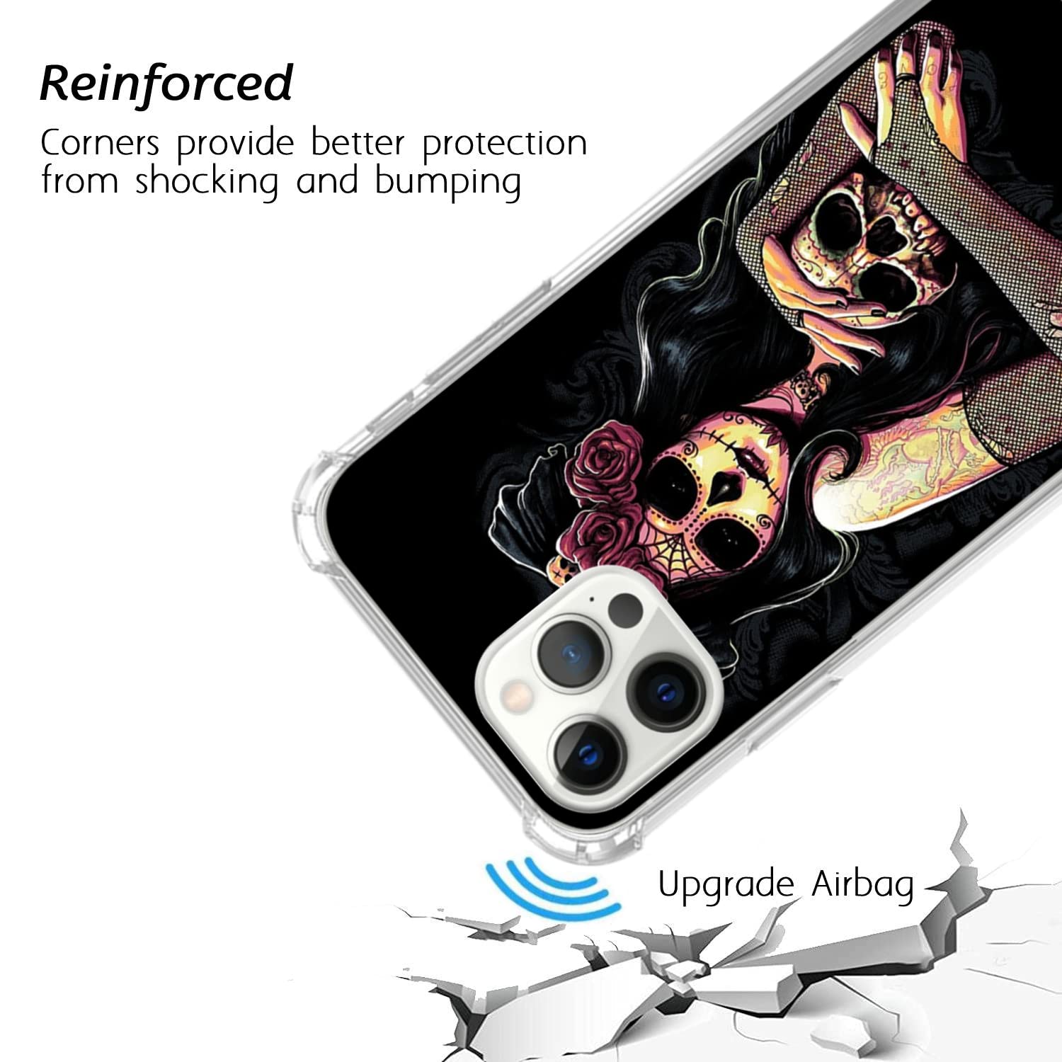 Trendy Sugar Skull Floral Phone Case for iPhone 13 Pro Max - Gothic Aesthetic TPU Bumper Cover for Women & Men - Perfect for Halloween, Day of the Dead, and Alternative Fashion Lovers