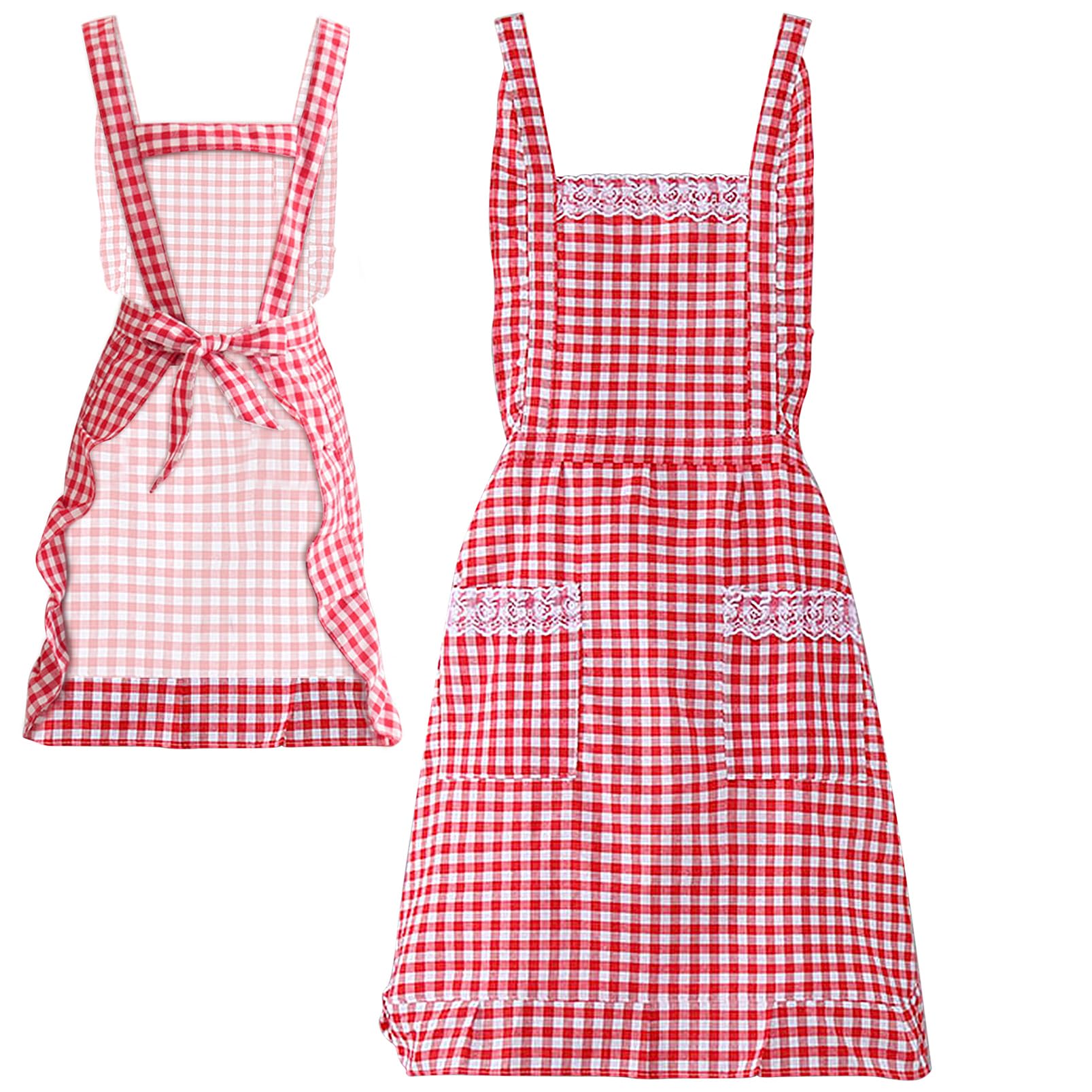Vintage Red and White Gingham Cotton Apron for Women - Classic Kitchen Chef Bib with Pockets - Perfect for Cooking, Baking, BBQ & Home Decor