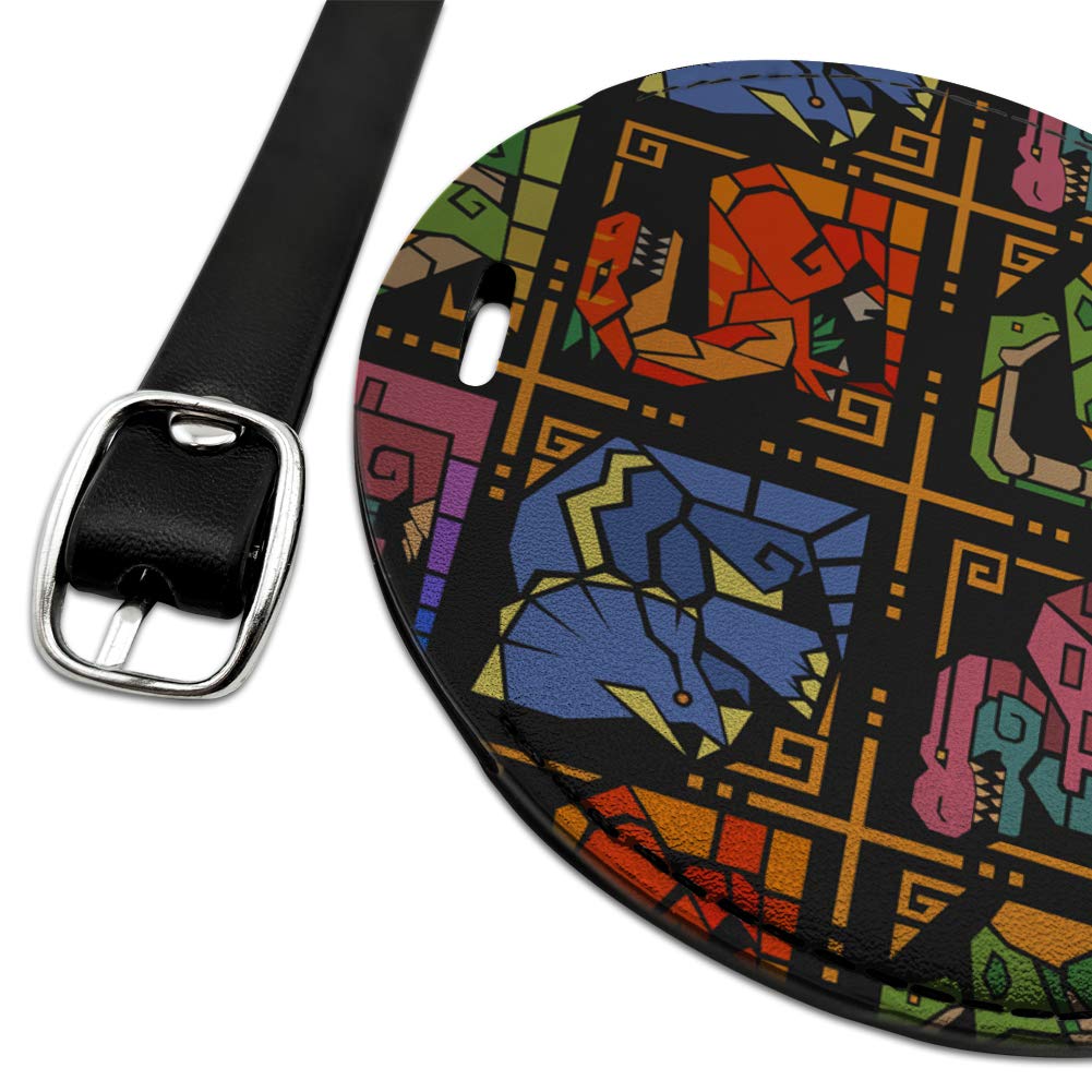 Aztec Mayan Style Geometric Dinosaur Leather Luggage Tag - Round ID Card Holder for Travel Bags, Suitcases & Backpacks - Perfect for Vacation, Business Trips & Adventure Travel