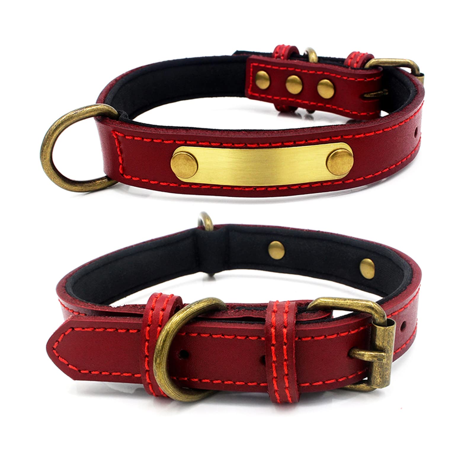 Custom Personalized Leather Dog Collar with Soft Padded Name Plate - Adjustable Heavy Duty Thick Red Pet Collar for Small Medium Large Dogs - Perfect for Daily Walks, Training & Gifts