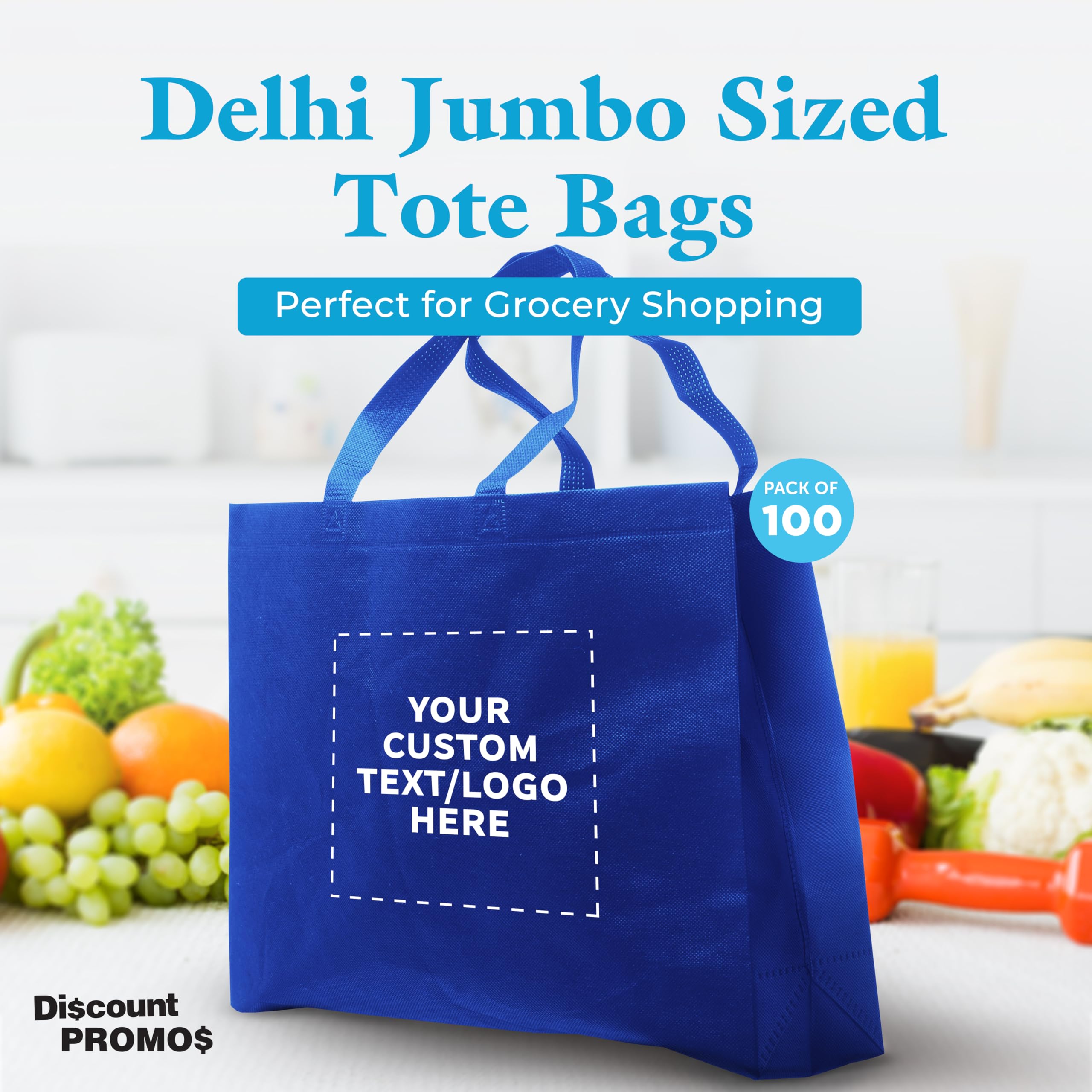 Custom Jumbo Reusable Tote Bags Bulk Pack - 100 Personalized Grocery & Shopping Bags for Women - Promotional Items & Giveaways - Eco-Friendly Blue Totes for Shopping, Events & Branding