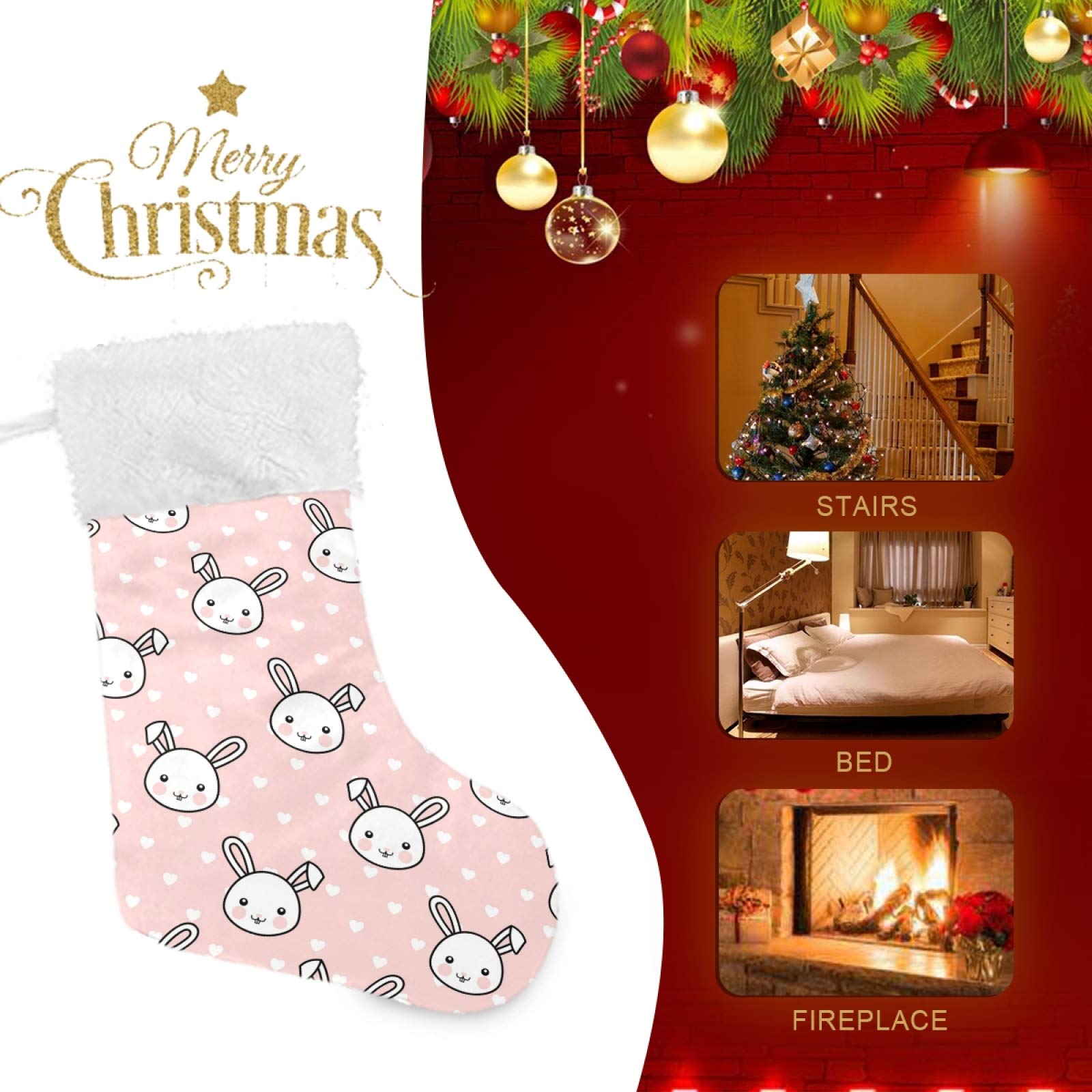 Blueangle 17.7 Inch White Bunny Christmas Stockings - Cute Holiday Gift Holders for Xmas Decor, Party Favors & Home Ornaments (1 Pack) - Perfect for Fireplace Mantel, Bedroom Decor & Christmas Tree Gift Hanging