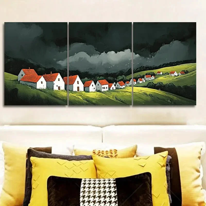 3pcs Metal Print Wall Art - Charming Little Village with Red Roofs, Ready to Hang | Perfect for Living Room, Bedroom & Office Decor