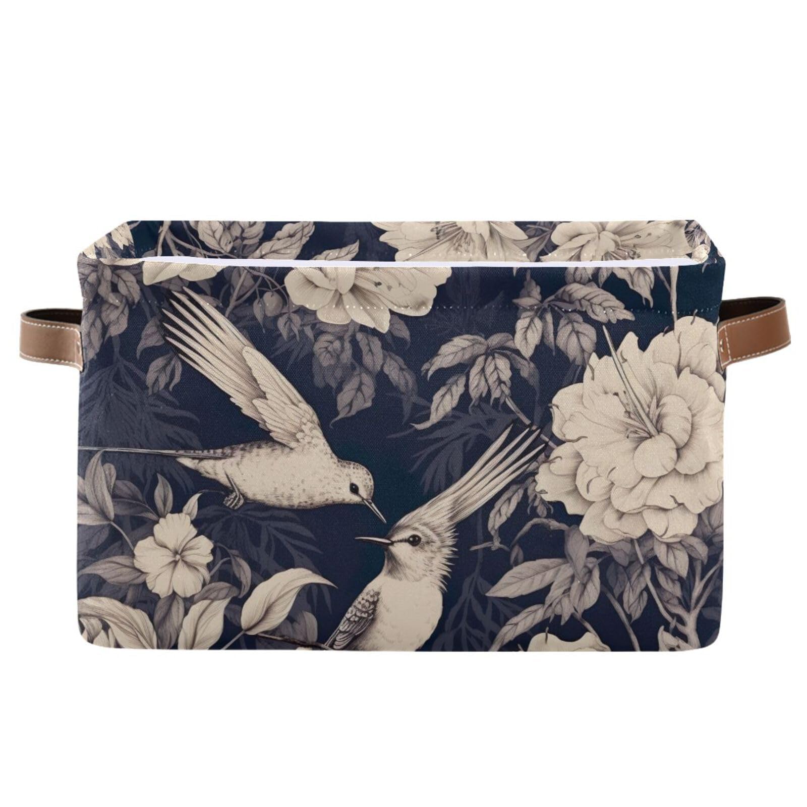 2PCS Large Foldable Storage Baskets with Floral Hummingbird Design - Collapsible Fabric Bin Cube Organizer for Home, Closet, Nursery & Office Organization