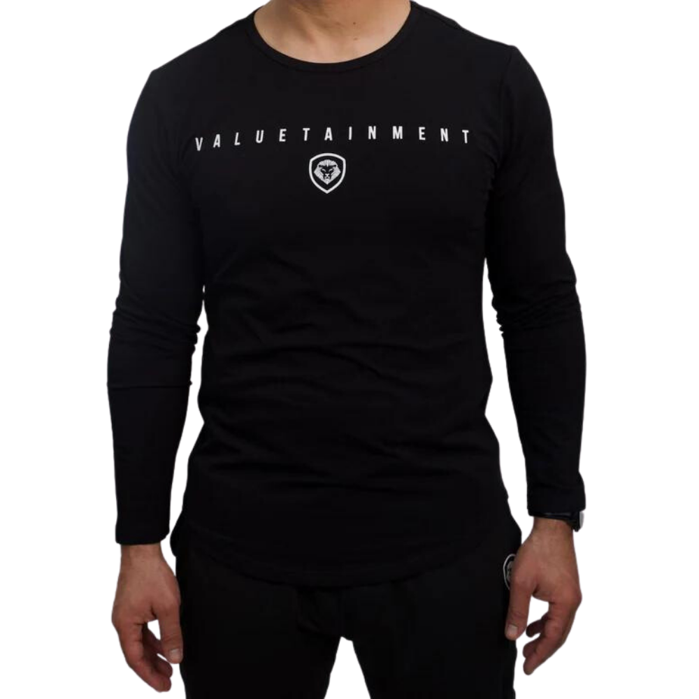Valuetainment Premium Black Curved Hem Long Sleeve T-Shirt for Men - Comfortable Casual Wear for Business & Everyday Outfits