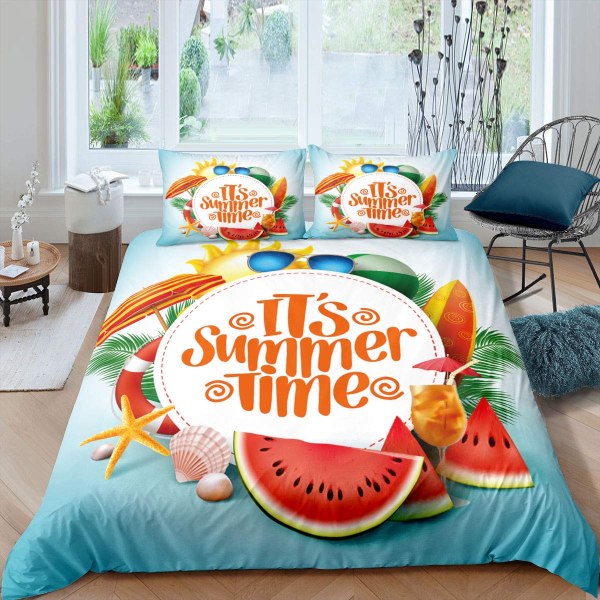 Erosebridal Tropical Beach Duvet Cover Set - Palm Tree, Starfish & Watermelon Print Comforter Cover for Kids, Boys, Girls & Teens | Twin Size (1 Duvet Cover + 1 Pillowcase) | Perfect for Summer Bedroom Decor & Coastal Themed Rooms