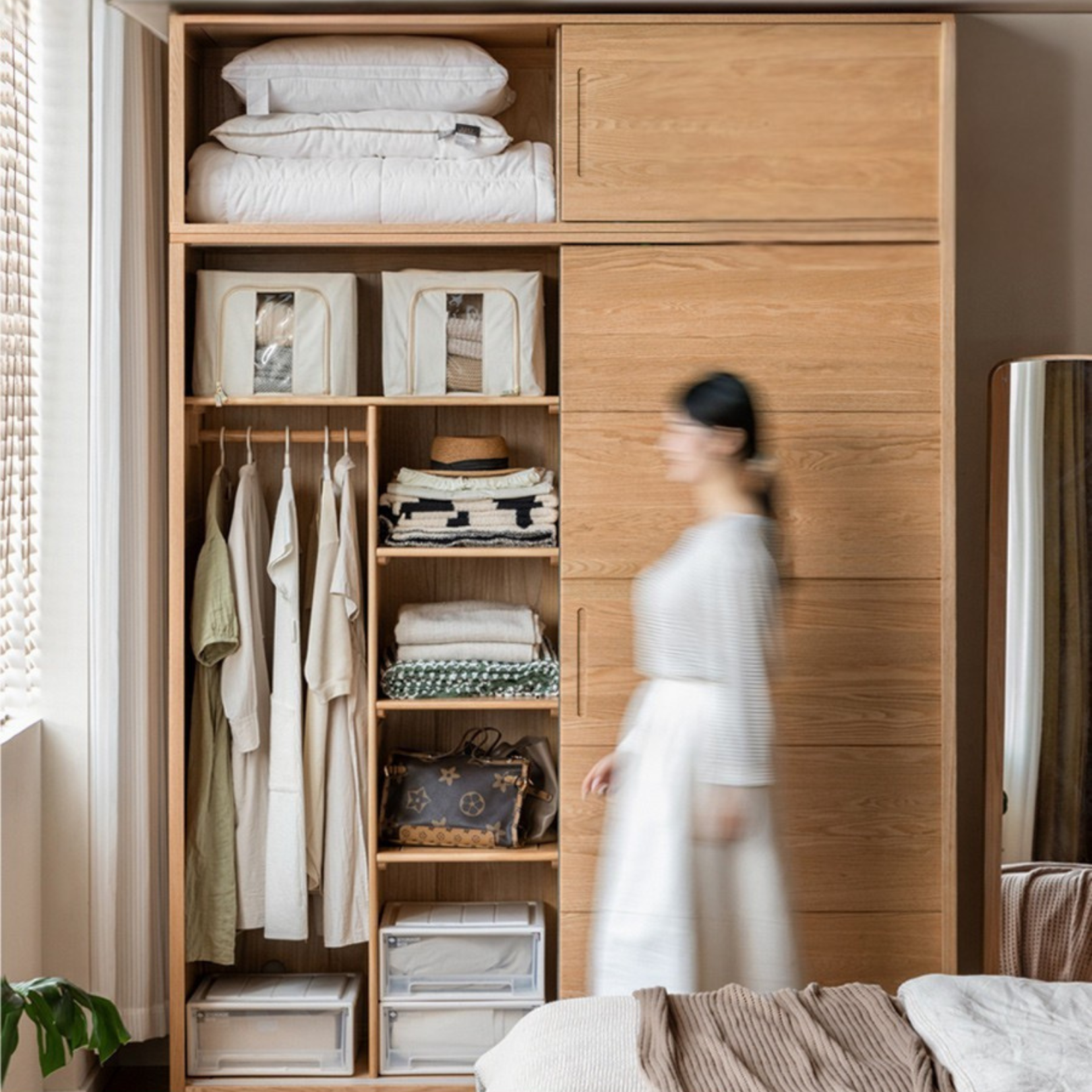 Solid Oak Wood Sliding Door Wardrobe Closet - Modern & Durable Storage for Bedroom, Living Room, or Walk-In Closet Organization