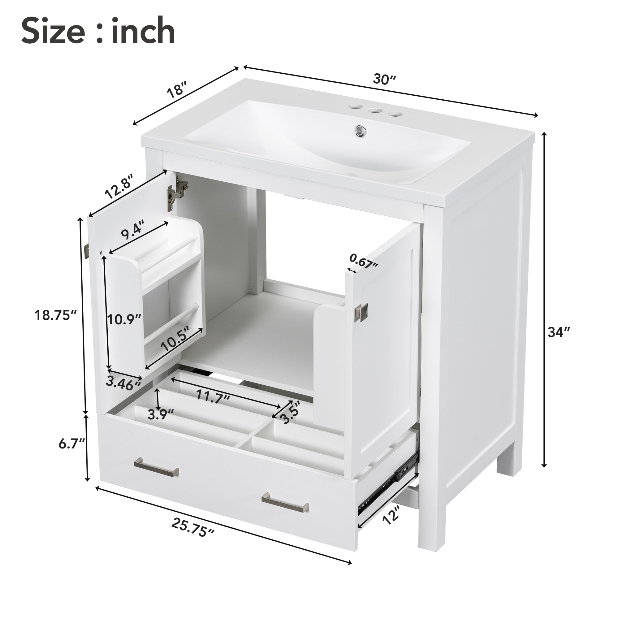 30 Inch White Bathroom Vanity with Sink - 2 Door Storage Cabinet & Drawer, Multifunctional Bathroom Organizer (30