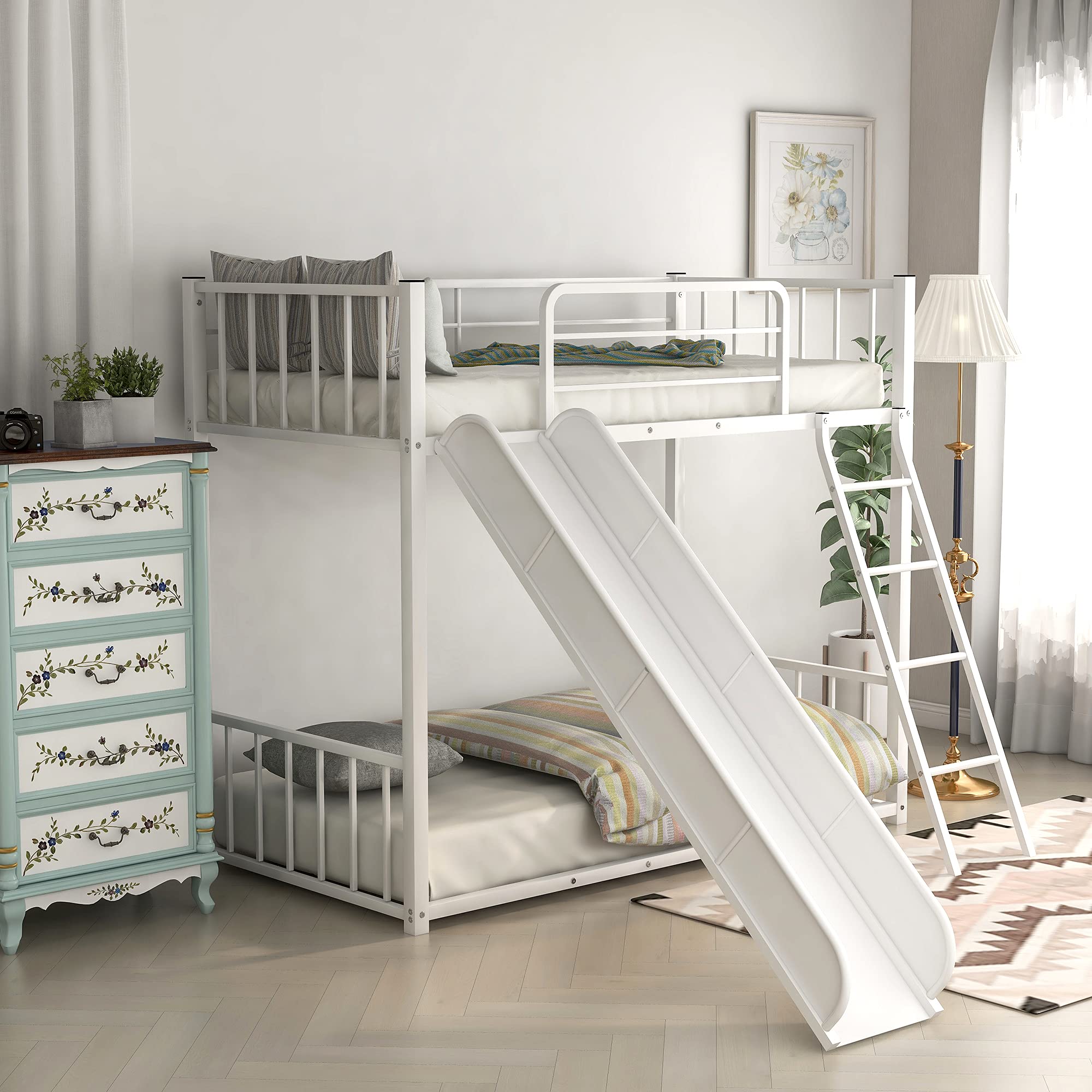 Metal Twin Over Twin Bunk Bed with Slide - Sturdy Low Profile Bunk Bed with Safety Guardrails for Kids, Teens & Adults - Easy Assembly (White) - Perfect for Small Bedrooms, Dorms & Vacation Homes