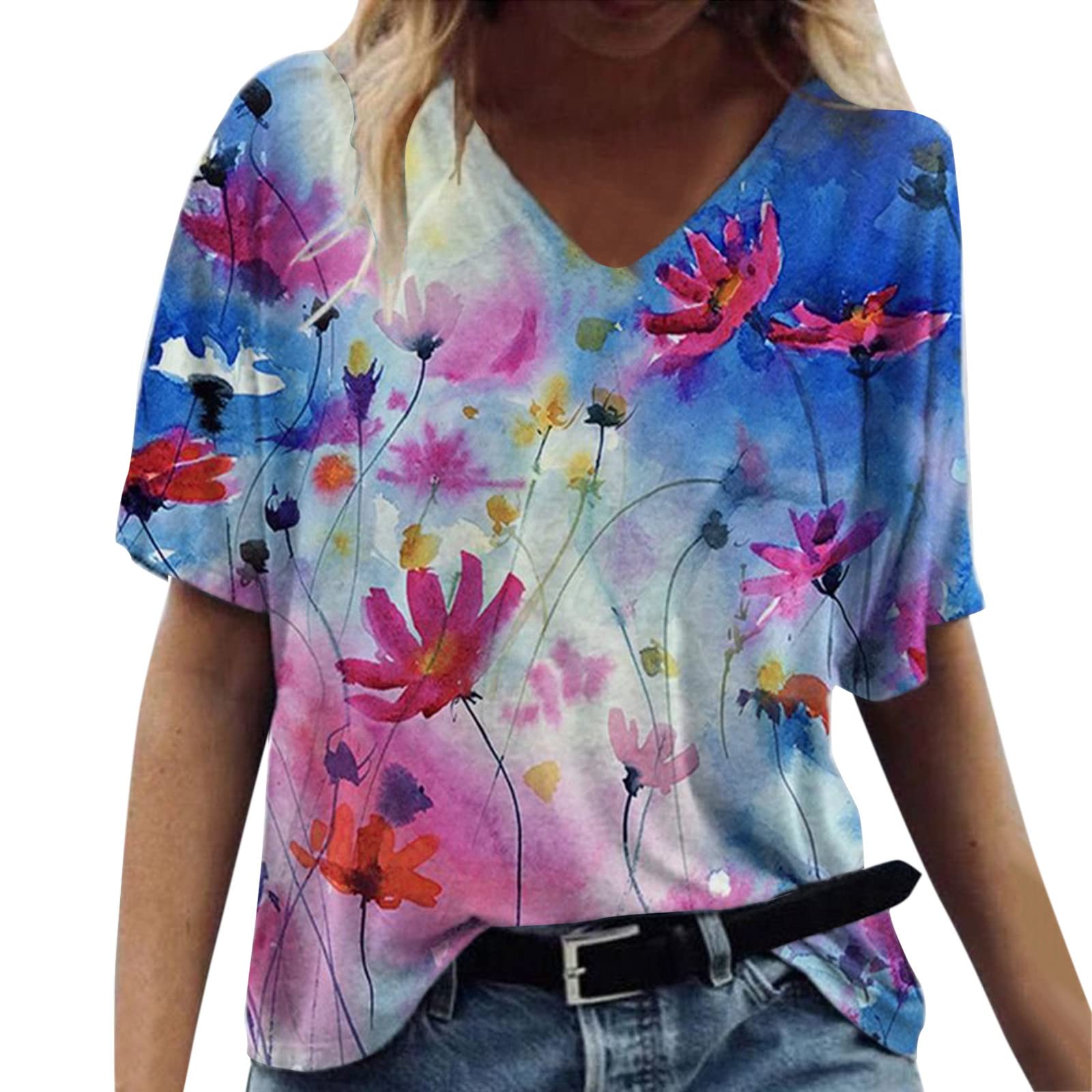 Women's Casual V-Neck Loose Floral Print Short Sleeve T-Shirt Blouse - Plus Size Summer Top for Outing, Dating & Daily Wear