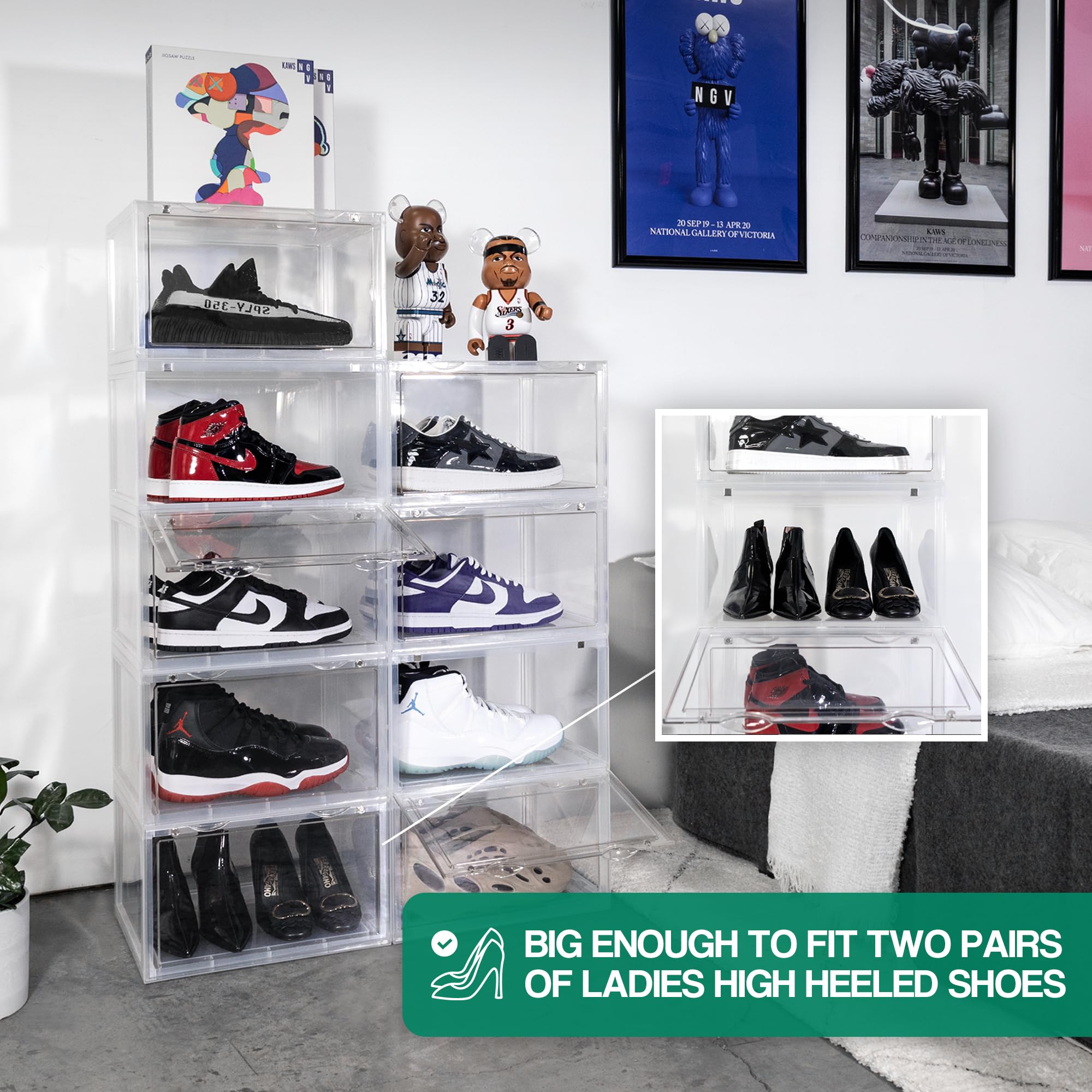 OLLIE XL Foldable Stackable Clear Hard Plastic Shoe Storage Box Organizer for Closet – Holds Up to Size 13 Shoes – Acrylic Shoe Box Containers for Jordan, Sneakers, Boots (3-Pack, Clear) – Perfect for Sneaker Collection, Shoe Display & Closet Organization