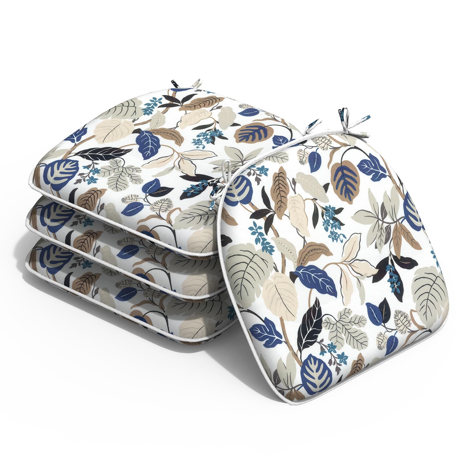 Outdoor Chair Cushions Set of 4 - Waterproof Patio Seat Cushions with Ties for Garden Furniture, 16x17 Inch, Breeze Leaves Beige - Perfect for Backyard, Deck, Poolside & Outdoor Dining