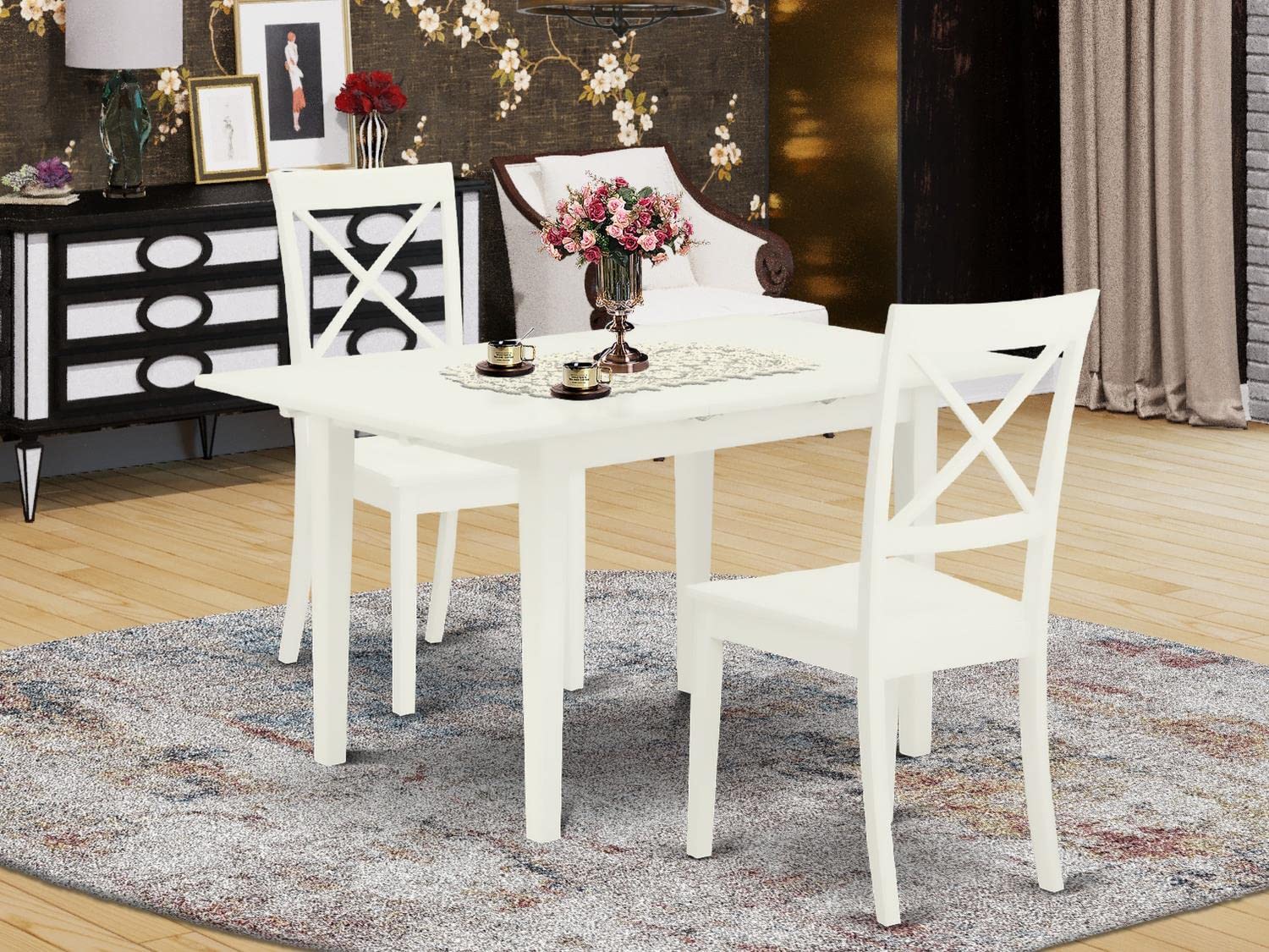 East West Furniture NOBO3-WHI-W 3-Piece White Dining Room Table Set with Butterfly Leaf Extension - 32x54 Inch Rectangle Kitchen Table & 2 Chairs - Perfect for Small Spaces, Breakfast Nooks & Apartment Dining Areas