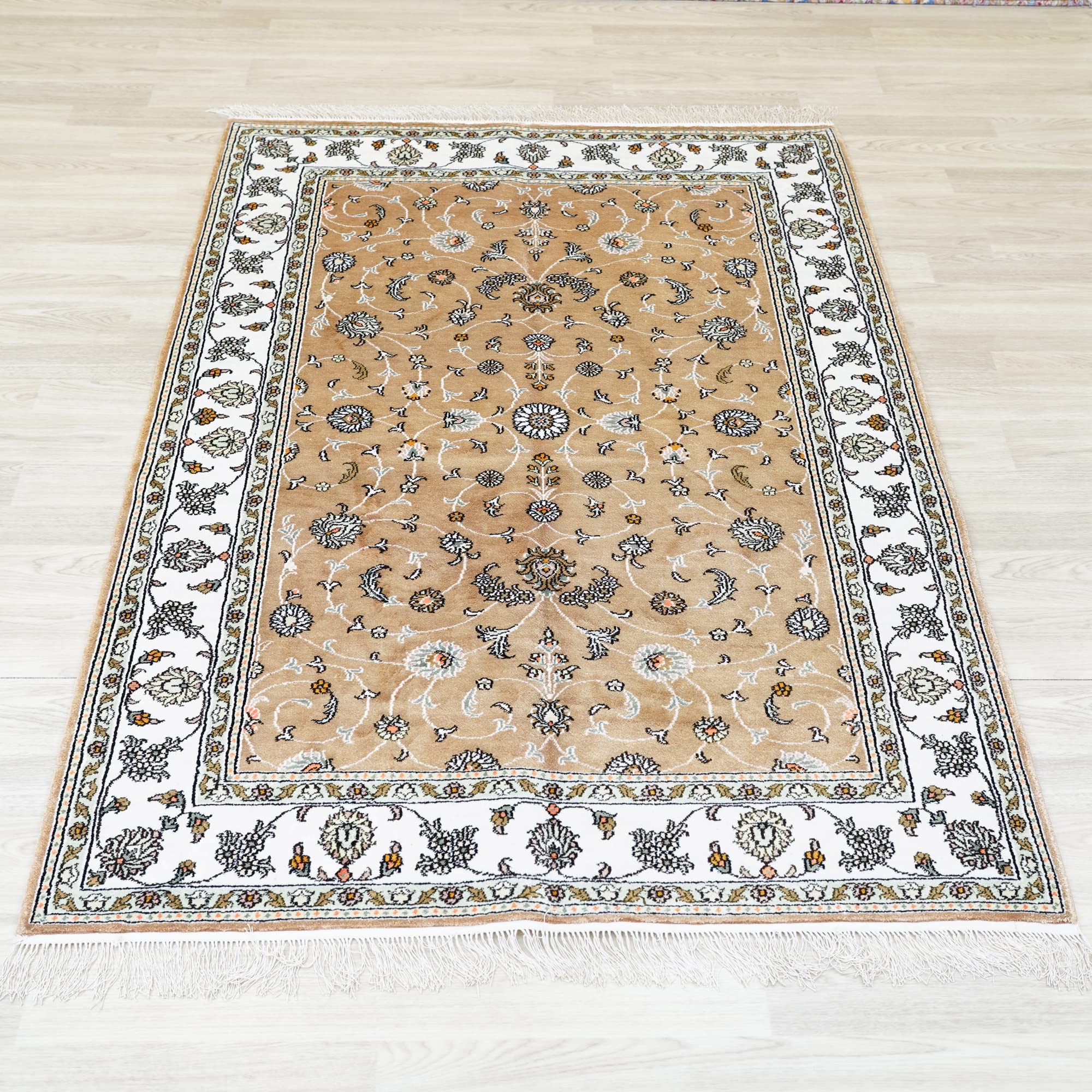 Yilong 4x6ft Silk Handwoven Persian Rug - Luxury Beige Iranian Carpet for Living Room, Bedroom, Dining Room | Perfect for Home Decor, Wedding Gifts & Interior Design