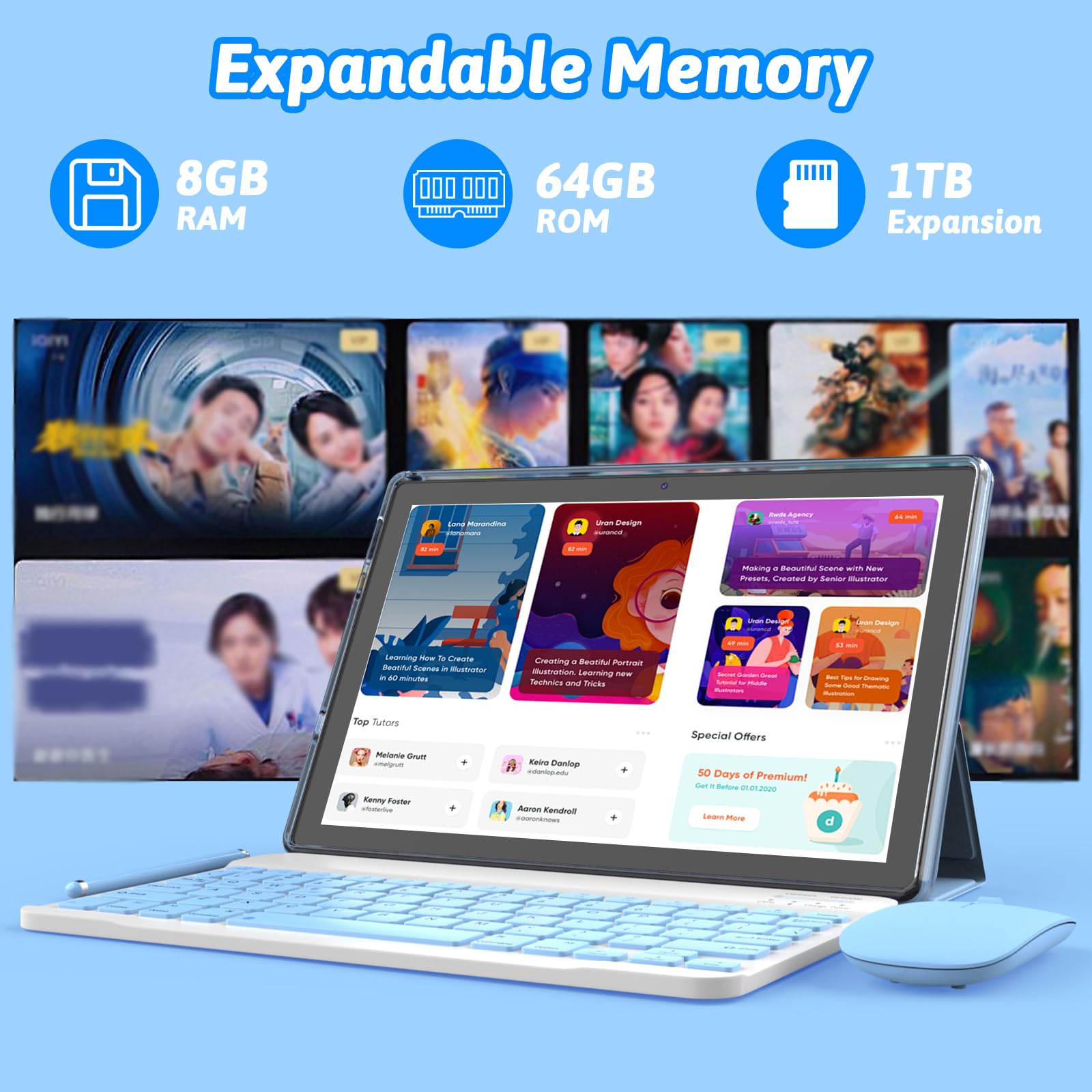 Android 14 2-in-1 Tablet 10 Inch with Keyboard Case, Mouse & Stylus - 8GB RAM 64GB ROM (Expandable to 1TB) - 1280x800 IPS Touchscreen - WiFi 6 & BT 5.0 - Long Battery Life - Perfect for Work, Study & Entertainment