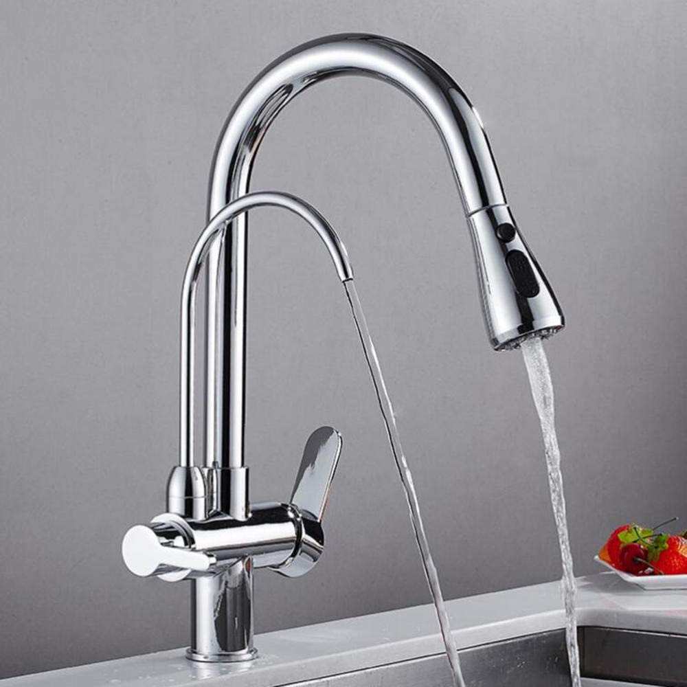 Premium 3-Way Water Filter Kitchen Faucet - Brass Chrome-Plated Pull-Out Sprayer with 360° Rotation | Hot & Cold Water Purification System | Ideal for Modern Kitchens, RV Camping & Outdoor Cooking