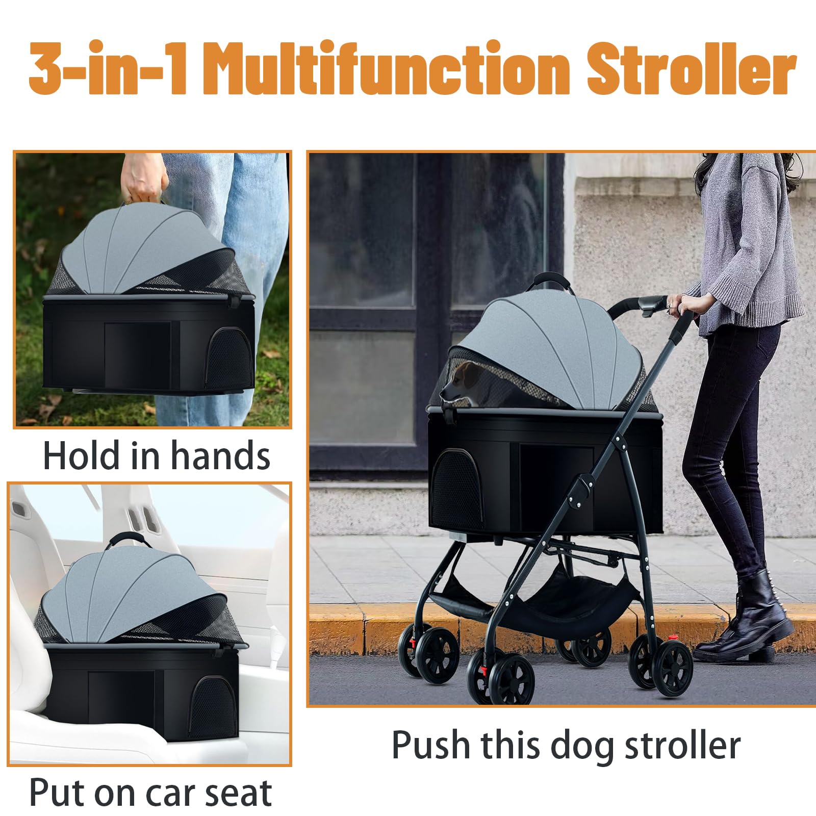 3-in-1 Folding Lightweight Pet Stroller for Dogs & Cats up to 55lbs - Travel Carrier with Storage Basket, Jogger Wagon for Small & Medium Pets (Grey) | Perfect for Park Walks, Vet Visits & Outdoor Adventures