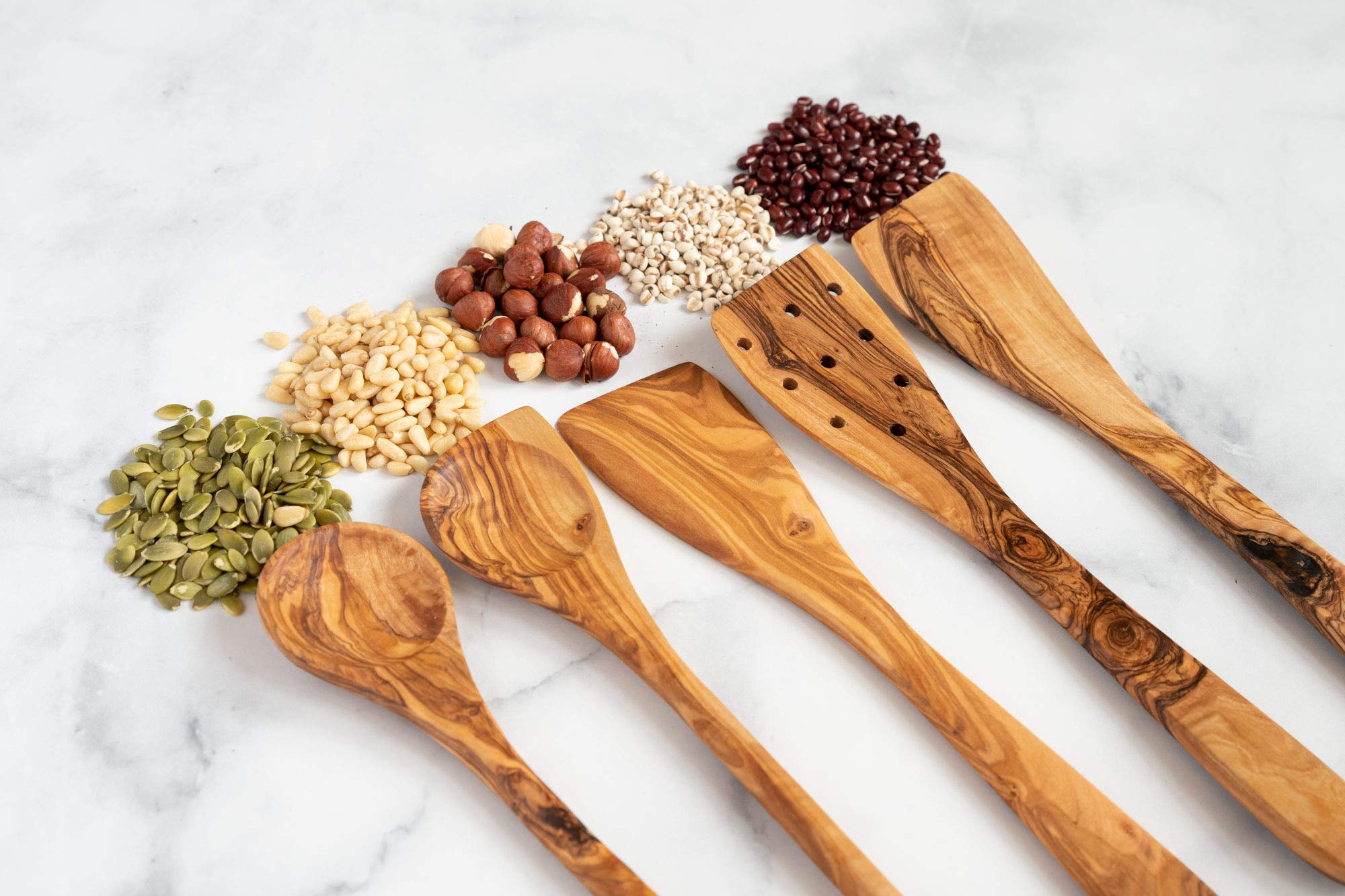 Tramanto 5-Piece Olive Wood Utensil Set - 12 Inch Wooden Spatula & Spoon Kitchen Tools, Handcrafted Rustic Cooking Accessories - Perfect for Home Chefs, Wedding Gifts & Farmhouse Style Kitchens