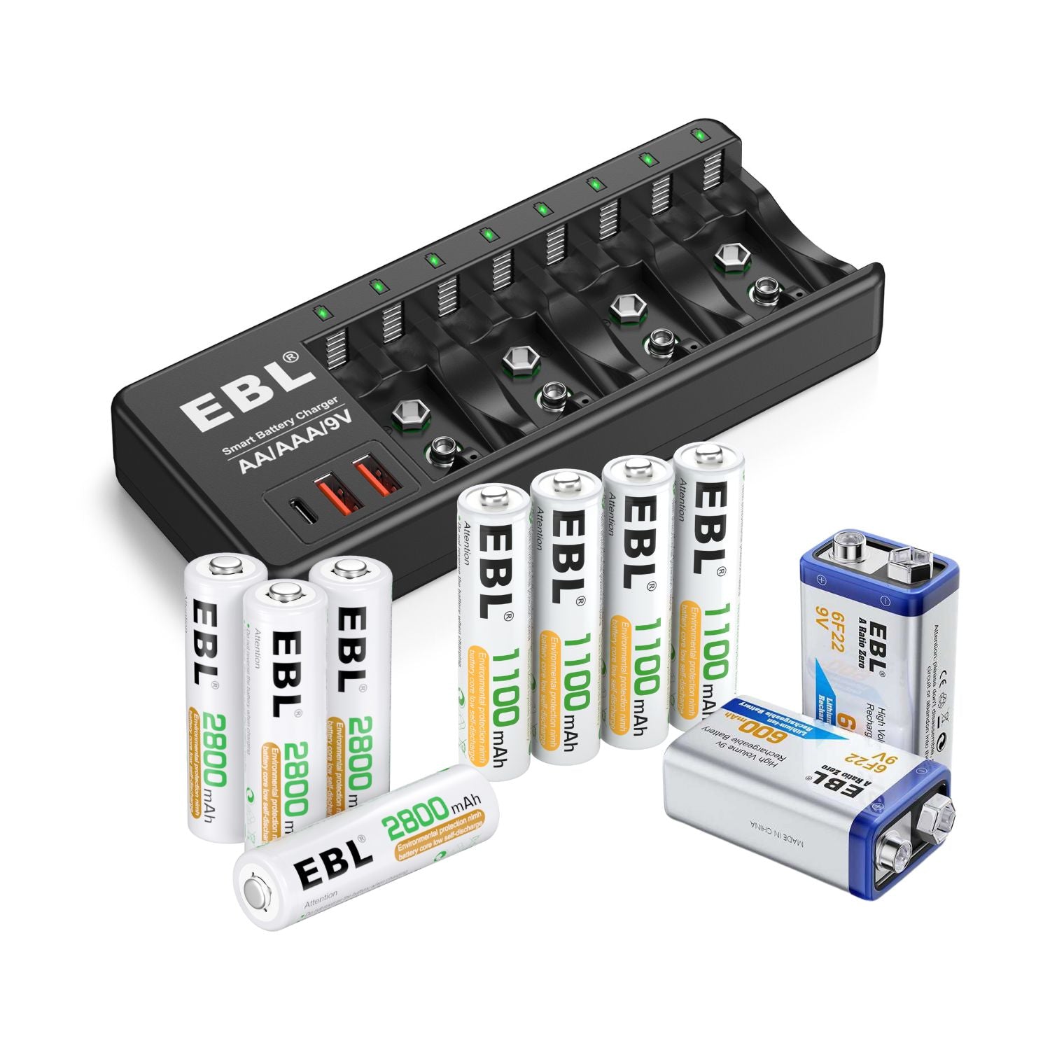 EBL AA AAA 9V Rechargeable Battery Charger with 8 AA & 8 AAA & 2 9V Batteries - Fast Charging for Household Electronics, Toys, Cameras, and Emergency Kits
