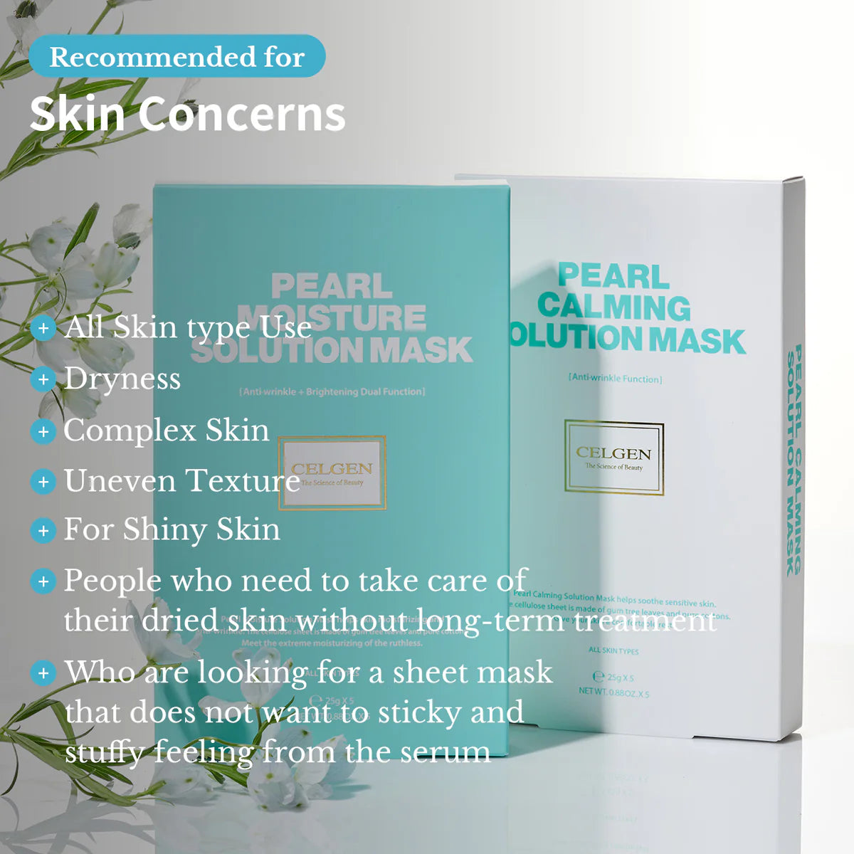 CELGEN Pearl Moisture Solution Mask 25g (5 Pack) - Hydrating Facial Sheet Mask for Glowing Skin - Perfect for Daily Skincare & Spa Night