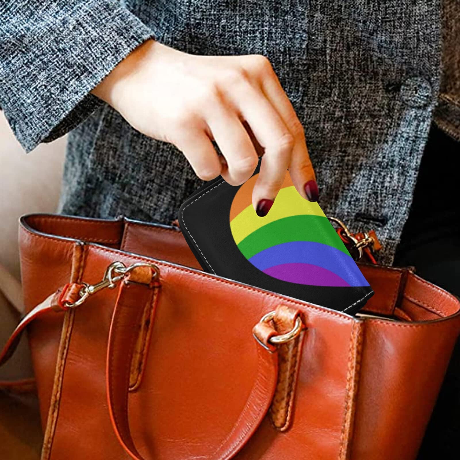RFID Blocking Women's Leather Card Holder Wallet - Compact Seamless Rainbow Hearts Design on Black/Dark Grey, Key & Coin Organizer with Zipper - Perfect for Credit Cards, Cash, ID & Everyday Essentials (Ideal for Work, Travel & Night Out)
