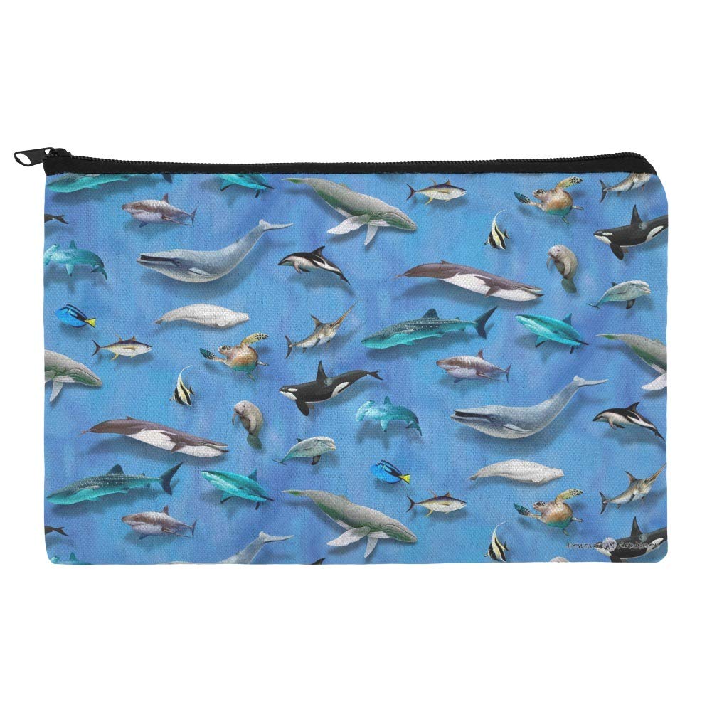 Whale Dolphin Manatee Shark Pattern Makeup Bag - Waterproof Cosmetic Organizer Pouch for Travel, Beach & Swimming (Ocean Life Theme)
