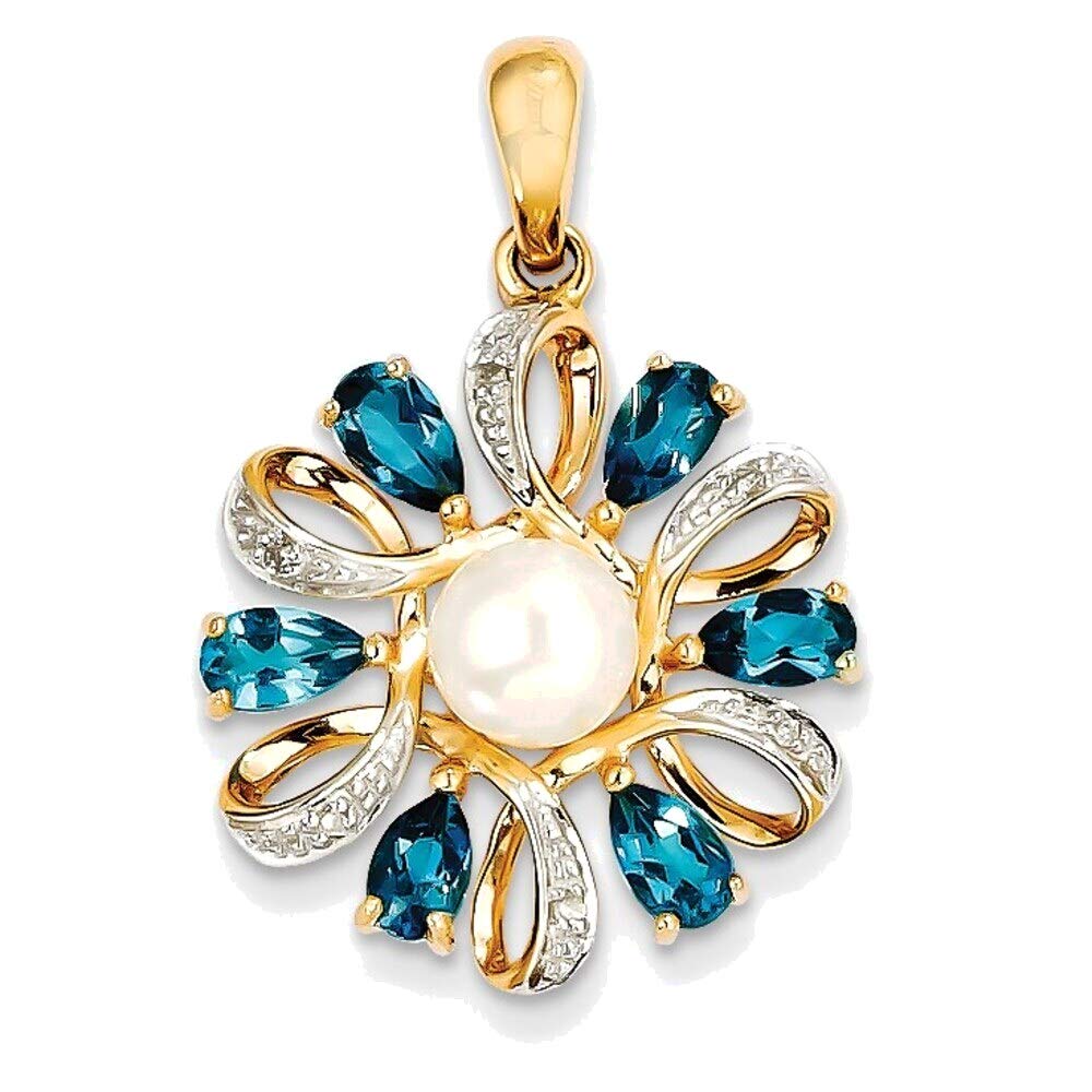 14K Yellow Gold Diamond & 6-7mm Freshwater Pearl Pendant with London Blue Topaz - Elegant Bonyak Jewelry for Women, Perfect for Weddings, Anniversaries & Special Occasions
