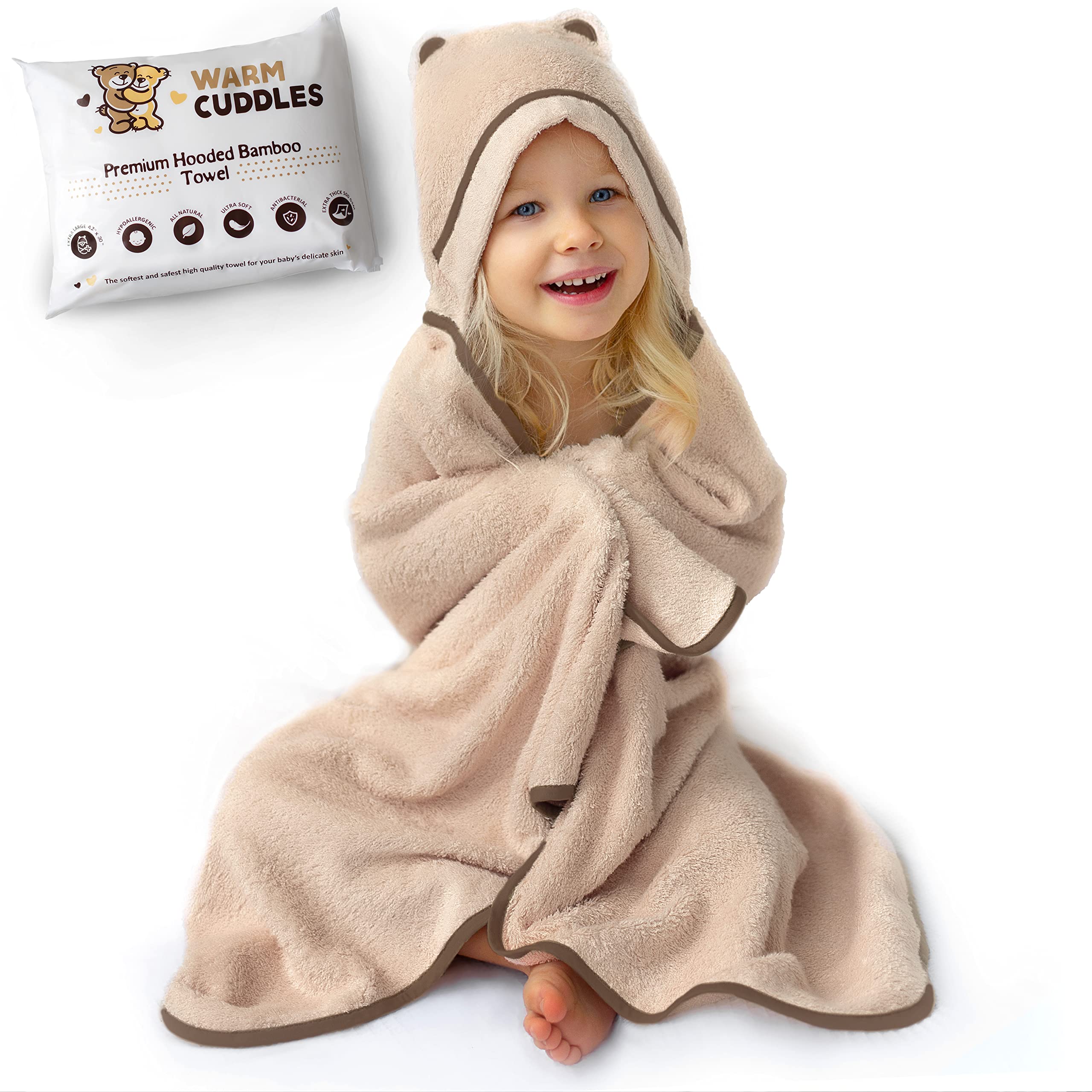 Premium Bamboo Rayon Hooded Toddler Towels - Soft & Absorbent Baby Bath Towel for Boys & Girls - Large Size for Toddlers & Kids - Perfect for Bath Time, Swimming & Beach (Beige)
