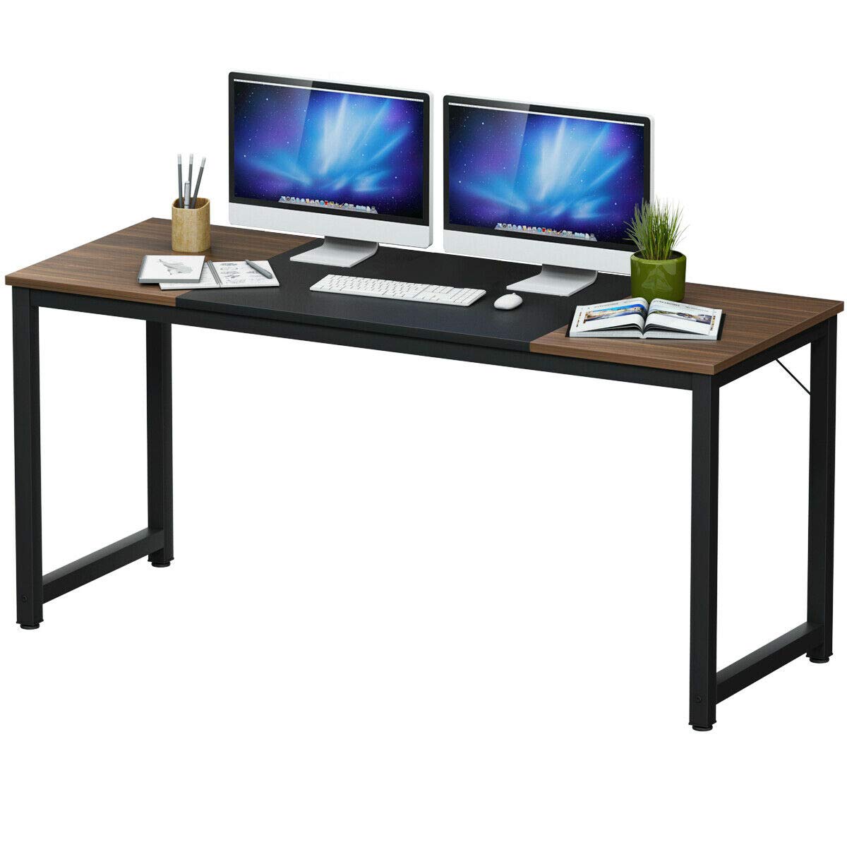 Tangkula 63 Inch Large Computer Desk for Home Office - Sturdy Metal Frame Writing Study Table, Workstation for Bedroom & Dining Room (Black & Brown) | Perfect for Remote Work, Online Classes & Small Space Living