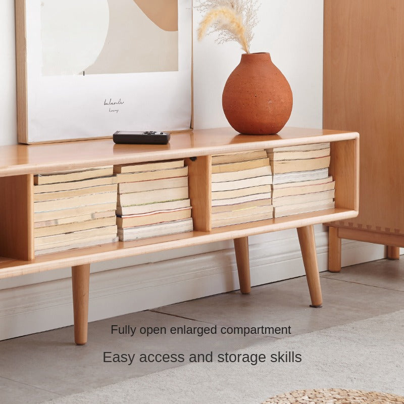 Solid Beech Wood TV Stand with Open Storage - Modern Entertainment Center for Living Room, Bedroom & Home Theater