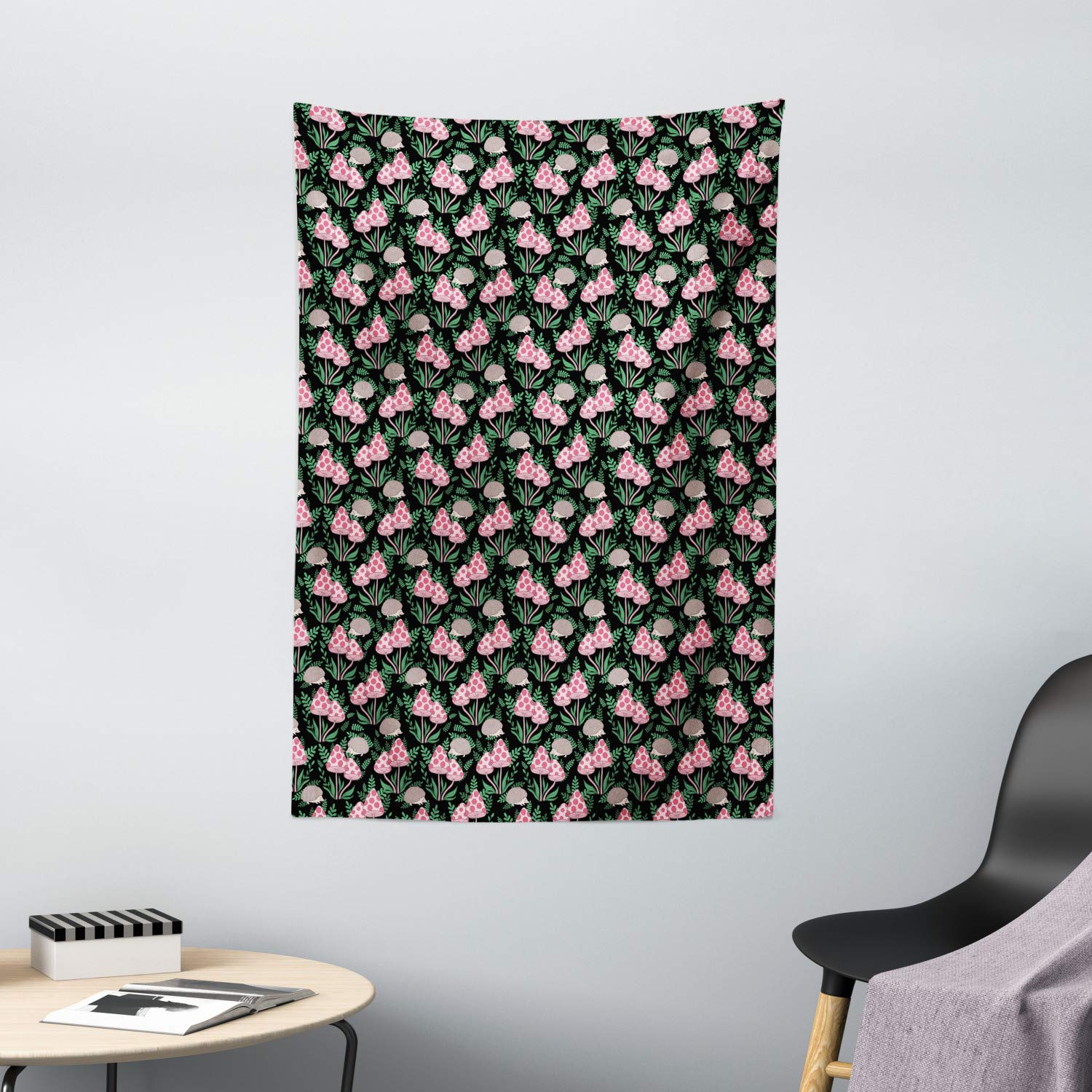 Ambesonne Mushroom Tapestry - Pink Spotted Toadstools & Hedgehogs Woodland Wall Art - Dark Background Wall Hanging for Bedroom, Living Room, Dorm Decor - 40