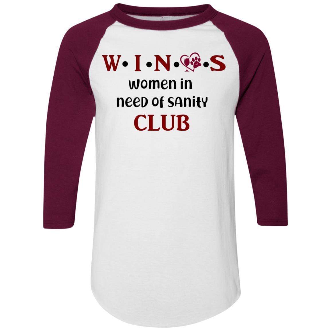 WineyBitches.Co WINOS Club Colorblock Raglan Jersey with Burgundy Lettering - Perfect for Wine Tasting Parties, Girls' Night Out & Casual Wear