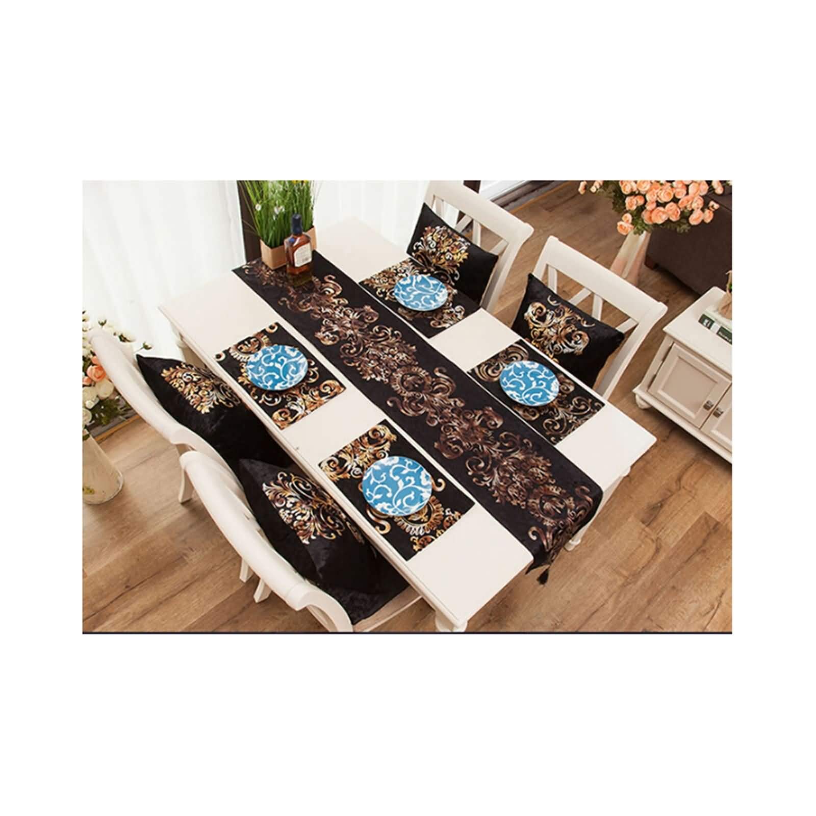 Daesar 13x158 Inch Velvet Vintage Floral Table Runner with Tassels - Elegant Black Dining Table Decor for Thanksgiving, Christmas, Weddings & Home Decor
