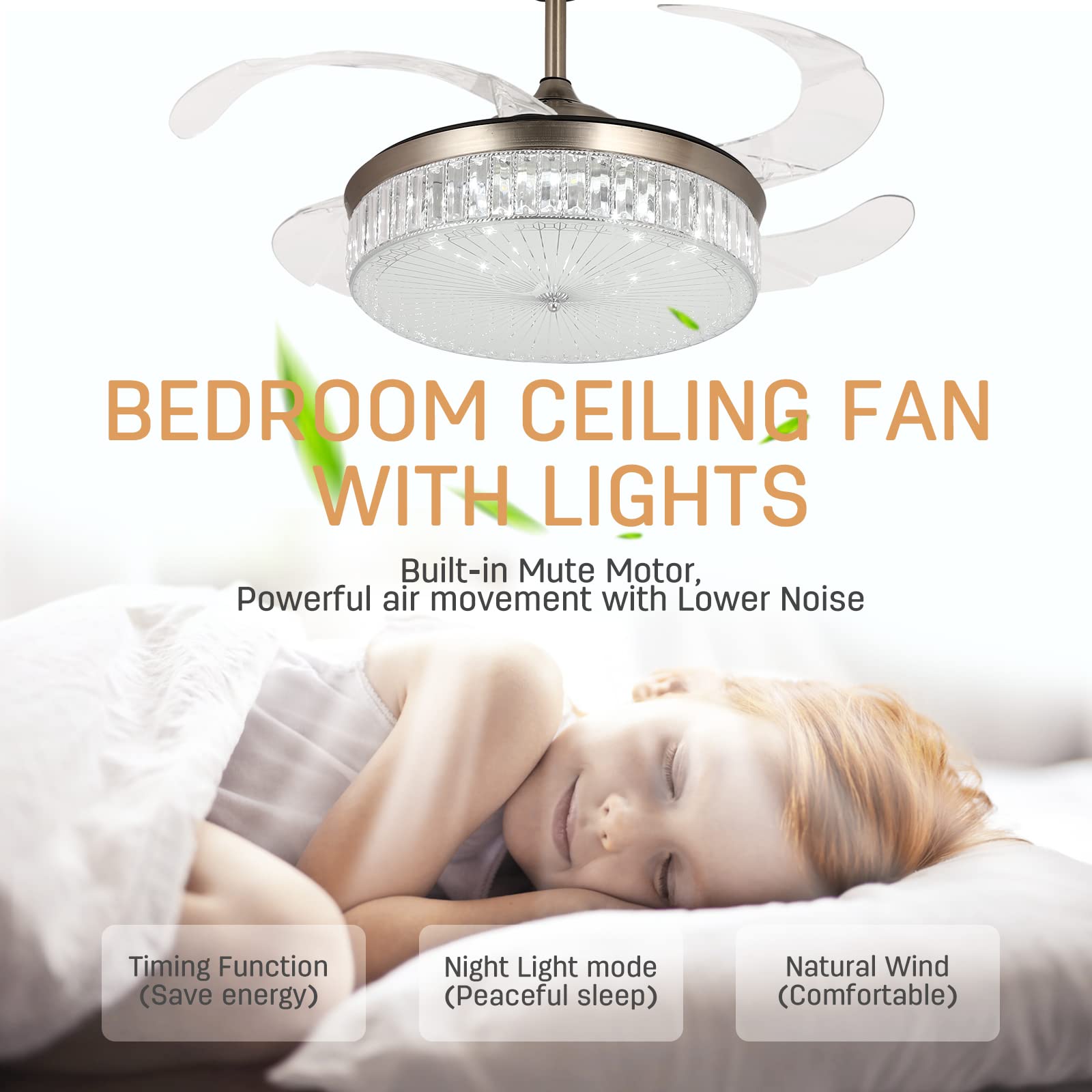 STERREN 42 Inch Crystal Bladeless Ceiling Fan with LED Light - Modern Retractable Flush Mount Low Profile Chandelier Fan with Remote Control - Perfect for Bedroom, Living Room, Dining Room & Office Spaces