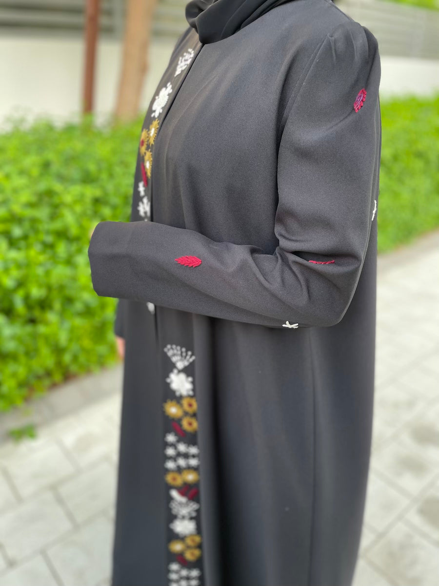 Elegant Black Open Abaya with Vertical Floral Embroidery - Modest Muslim Dress for Women, Perfect for Prayer, Mosque & Special Occasions
