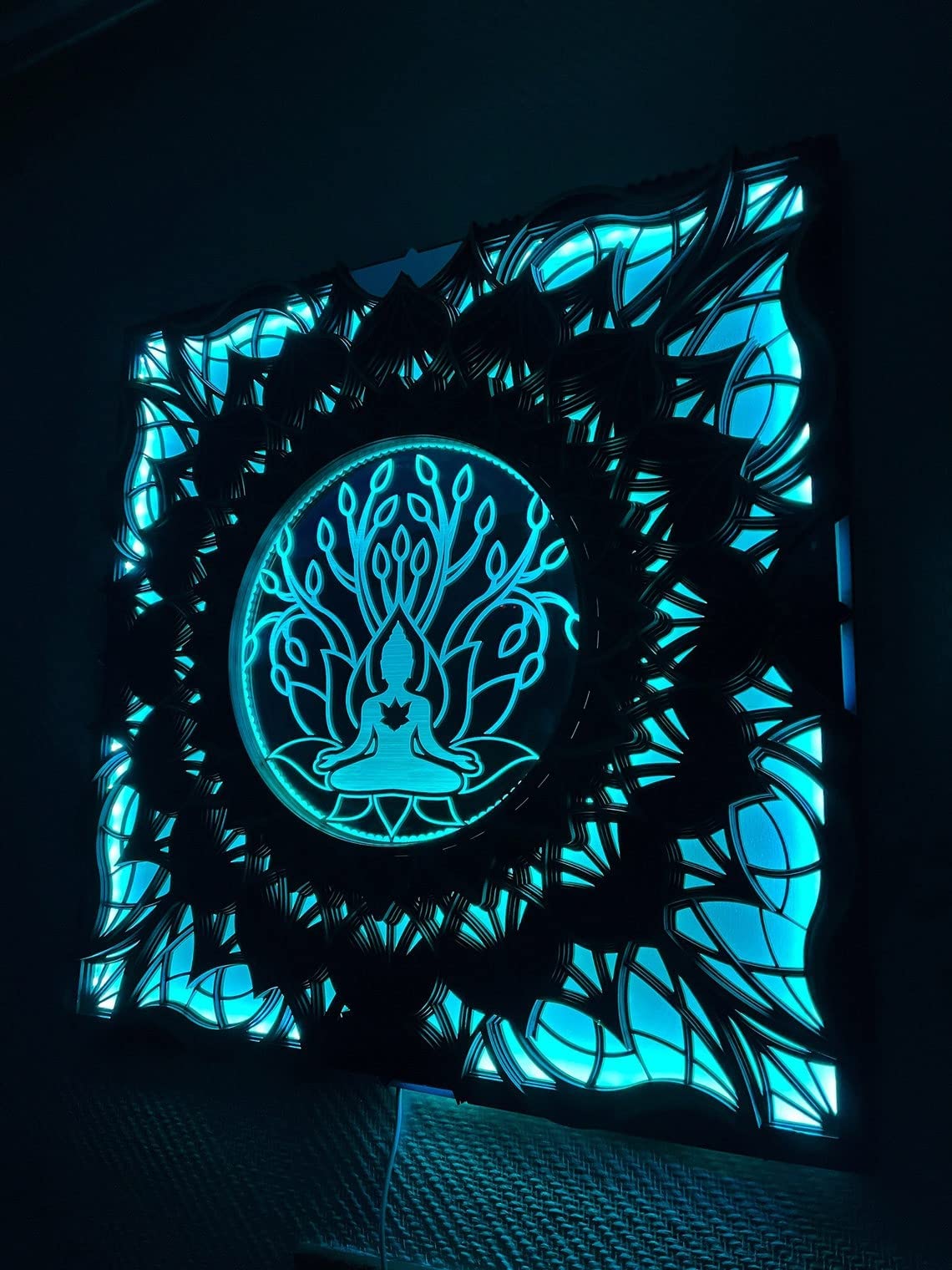 BHDecor Glowing Wall Art - Laser Cut LED Wooden Mandala Hanging Panel with Remote Control, 22.8x22.8 inch (58cm) - Perfect for Bedroom, Living Room & Meditation Space Decor