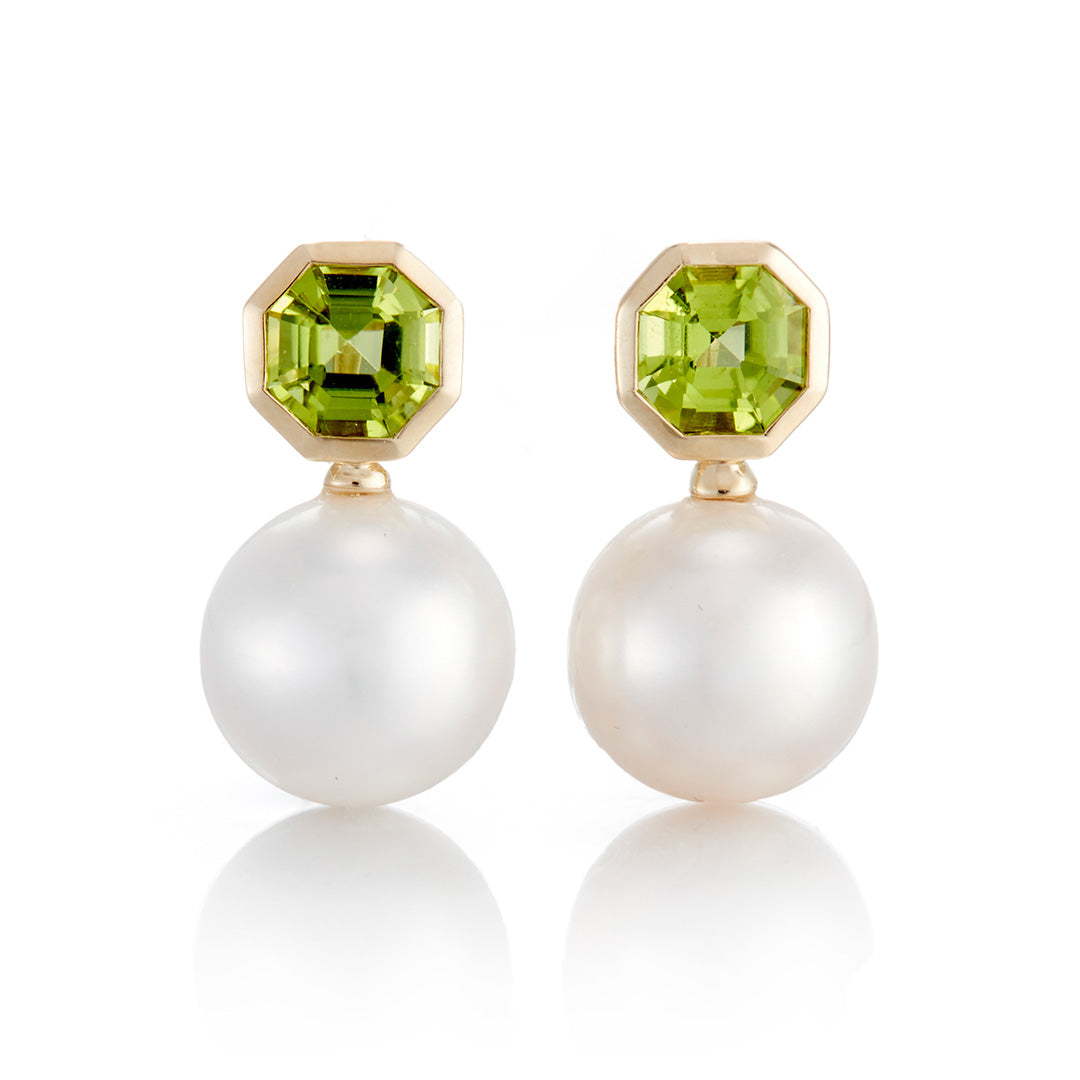 Octagonal Peridot & Pearl Drop Earrings for Women - Elegant Dangle Jewelry for Wedding, Party & Special Occasions