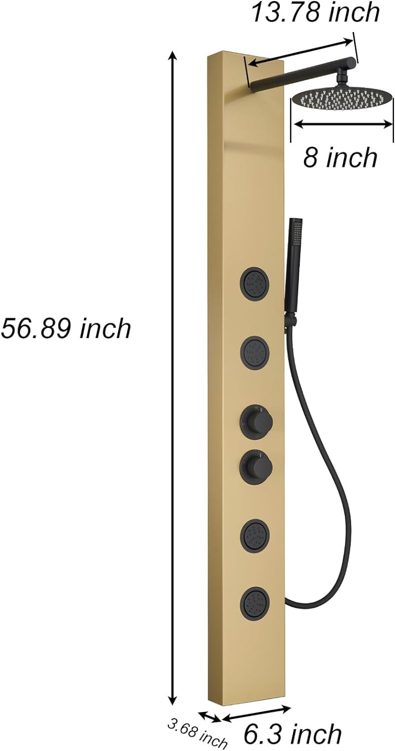 3 in 1 Stainless Steel Shower Panel Tower System - Adjustable Body Jets, Rainfall Shower Head & Handheld Shower - Brushed Gold Finish for Luxurious Bathroom Upgrade | Perfect for Master Bath, Spa-Like Experience & Modern Home Renovation