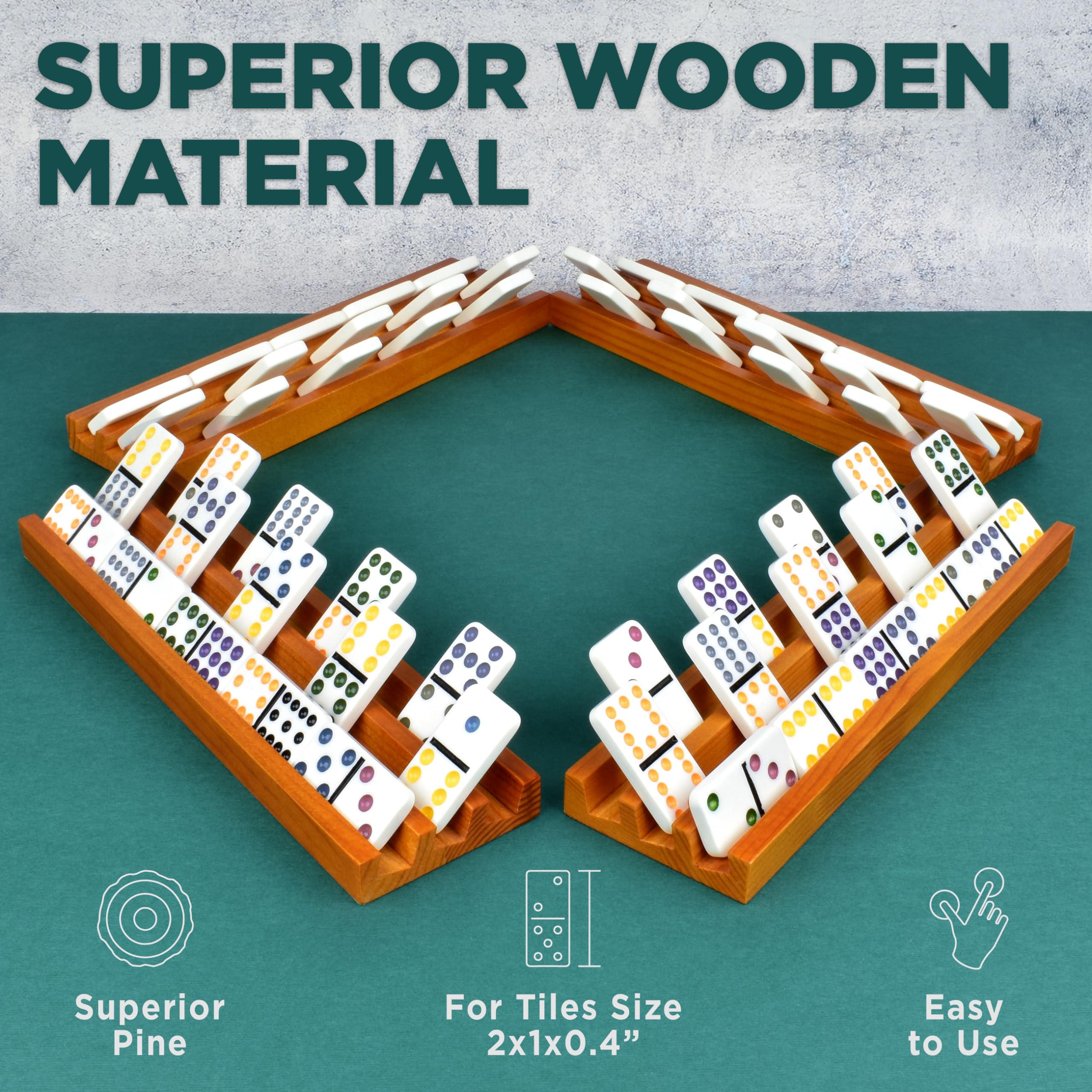 Premium Wooden Domino Holders Set of 4 - Classic Board Game Accessories for Mexican Train Dominoes - Durable Domino Racks & Trays for Family Game Night - Perfect for Parties, Game Rooms, and Family Gatherings
