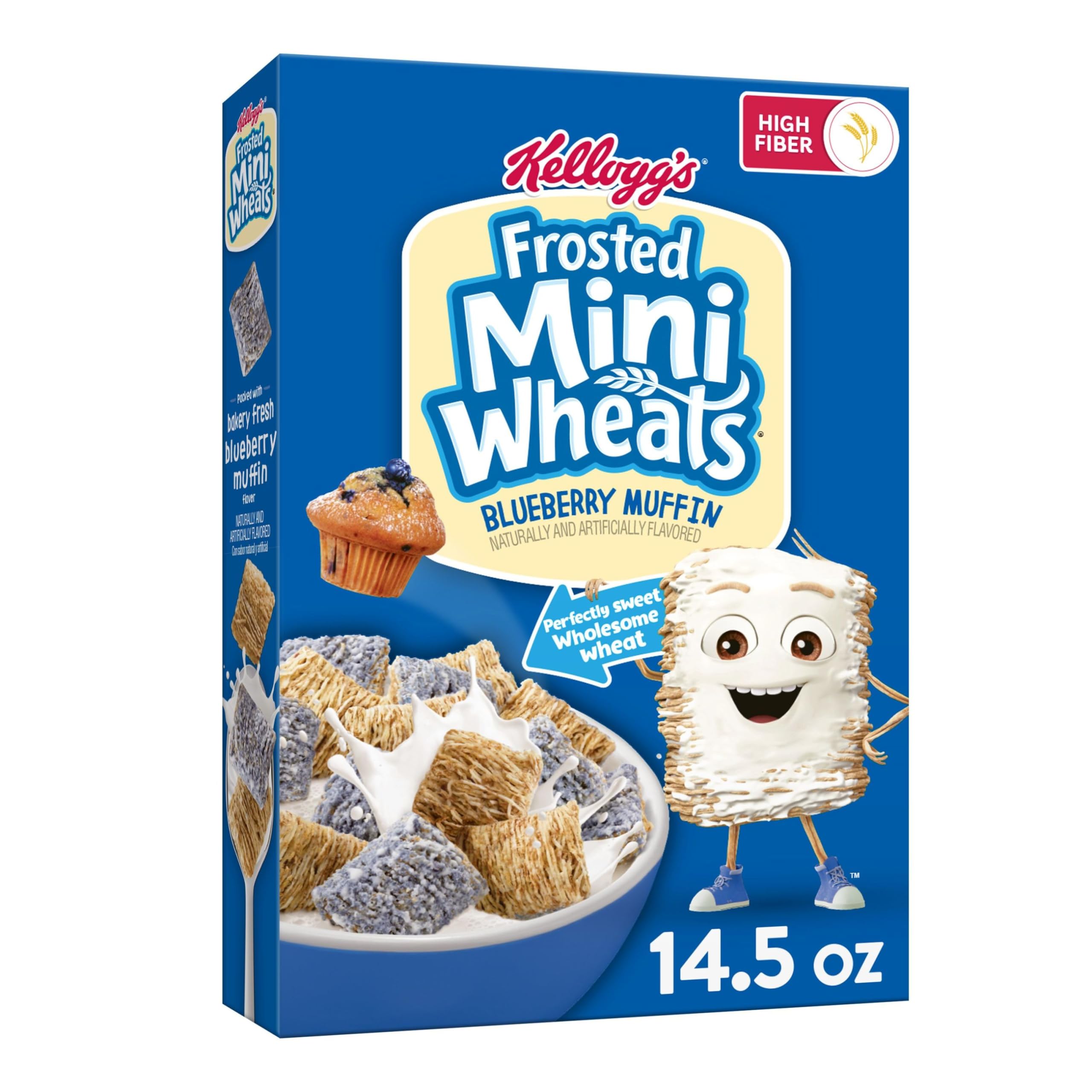 Kellogg's Frosted Mini Wheats Blueberry Muffin Breakfast Cereal - High Fiber Whole Grain Cereal for Kids & Adults - 14.3oz Box - Perfect for School Lunches, Office Snacks & Family Breakfast
