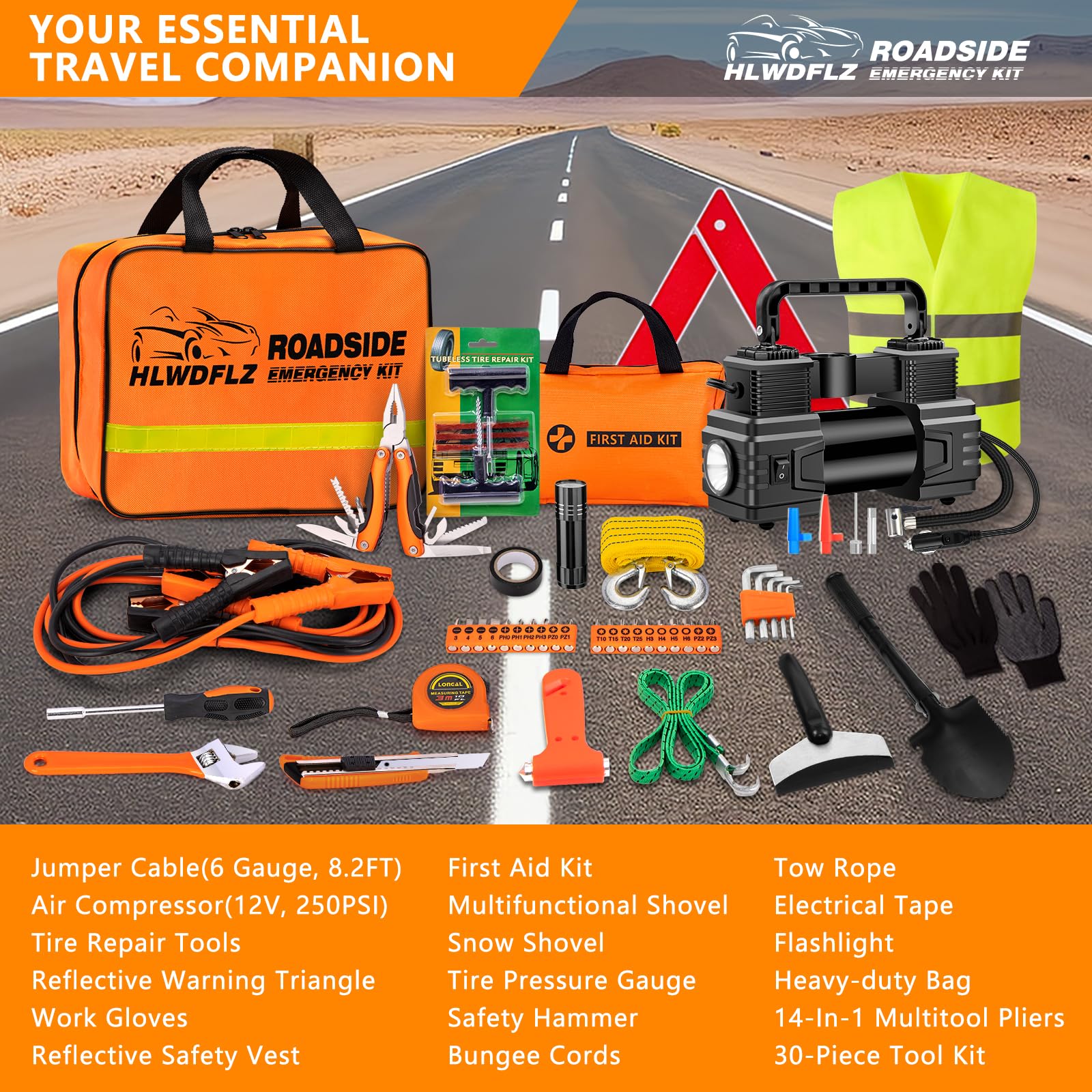 Portable Car Emergency Kit with Air Compressor - Roadside Assistance Safety Kit for Winter Travel & Vehicle Breakdowns | Essential for Cars, Trucks & SUVs (Orange) - Perfect for Road Trips, Camping & Emergency Preparedness