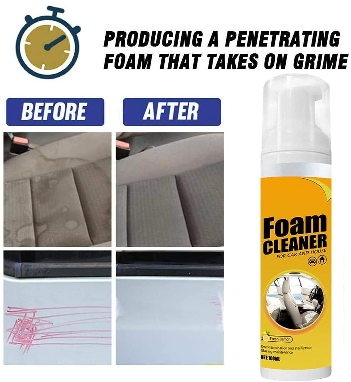 KCRPM Multipurpose Foam Cleaner Spray - Lemon Scented All-Purpose Cleaner for Car, Kitchen & Home (150ml) | Perfect for Car Detailing, Kitchen Surfaces & Household Cleaning